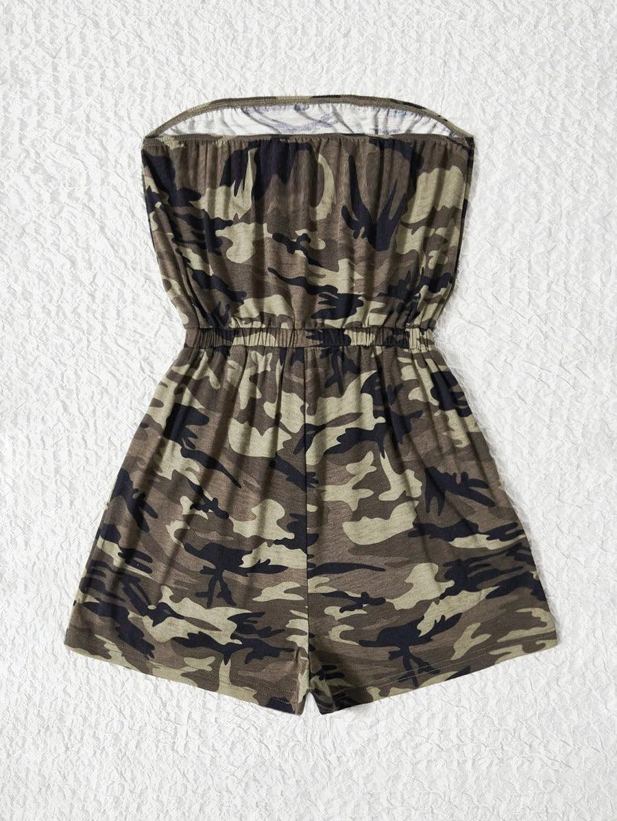 Camo Print Knot Elastic Waist Tube Romper-Comfy Jumpsuits