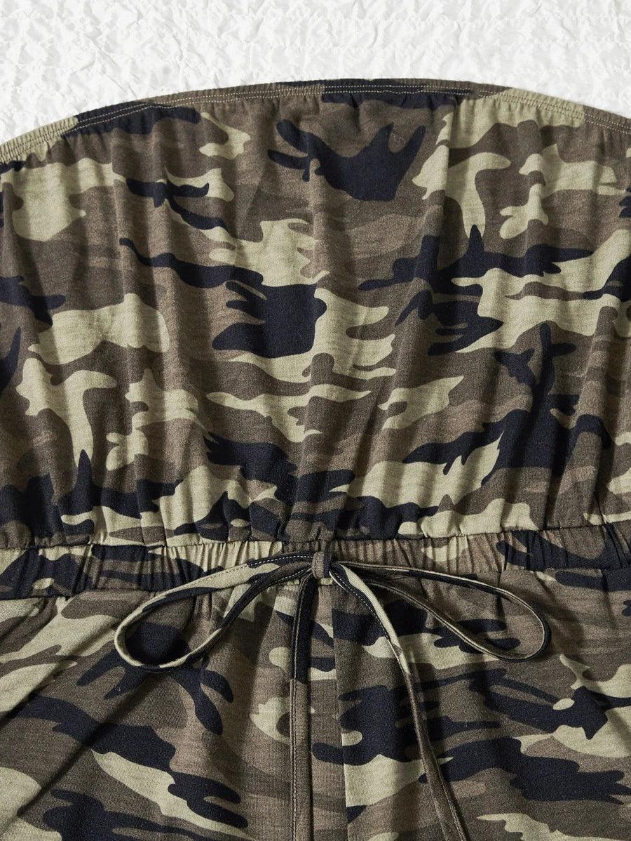 Camo Print Knot Elastic Waist Tube Romper-Comfy Jumpsuits
