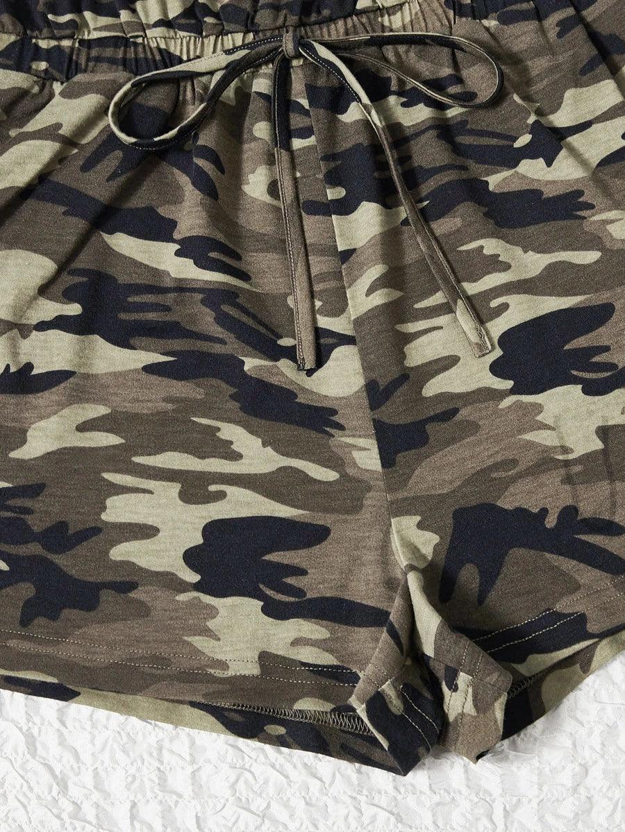 Camo Print Knot Elastic Waist Tube Romper-Comfy Jumpsuits