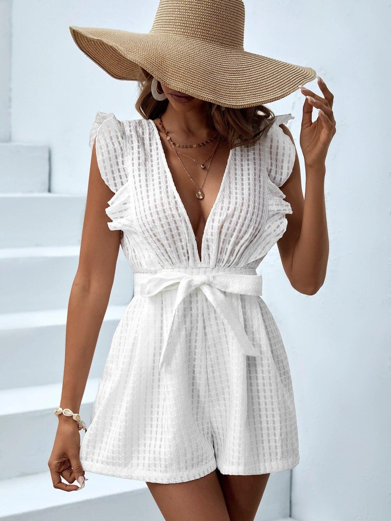 Ruffle Trim Belted Romper-Comfy Jumpsuits