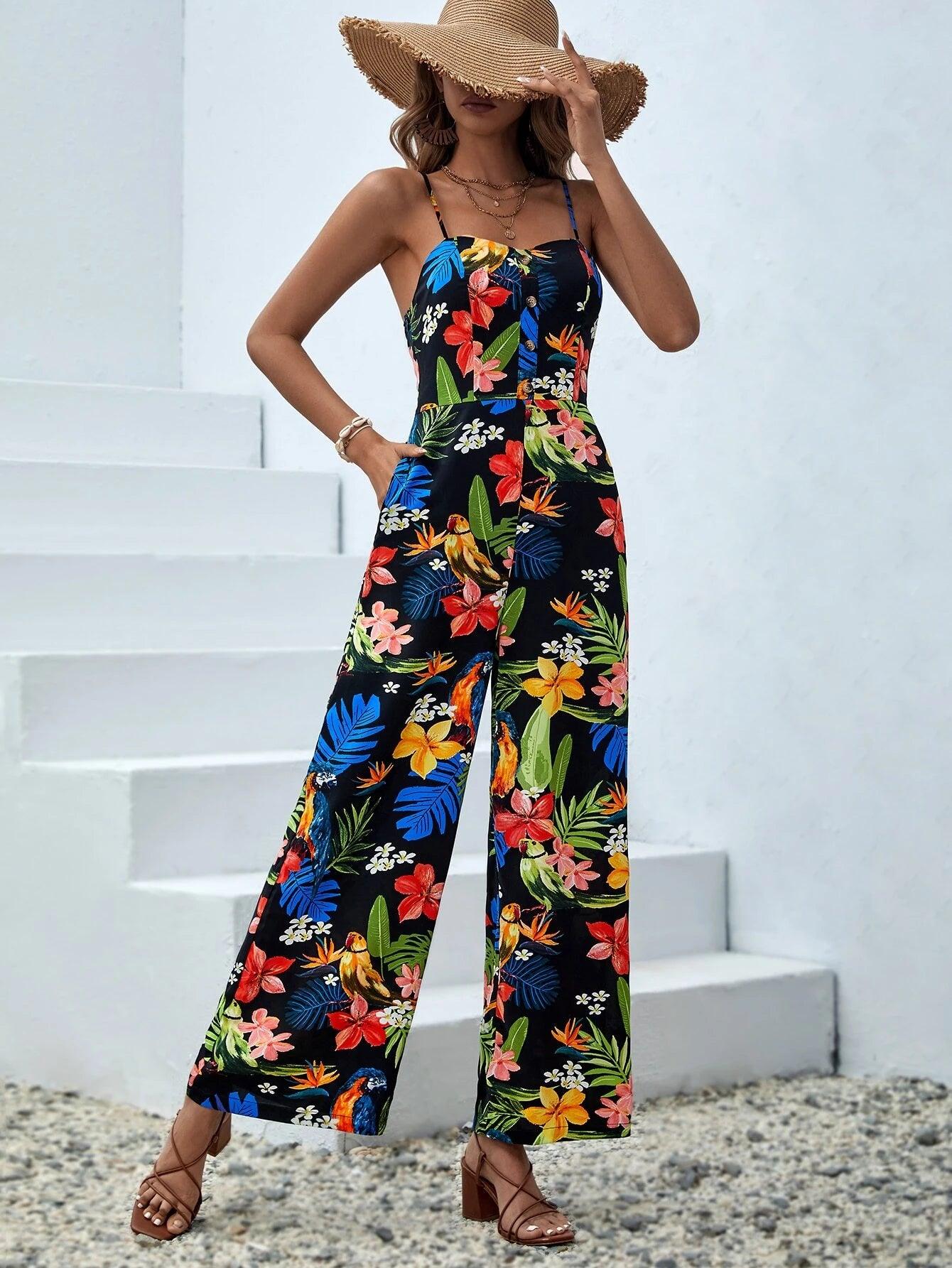 Tropical Print Slant Pocket Cami Jumpsuit-Comfy Jumpsuits