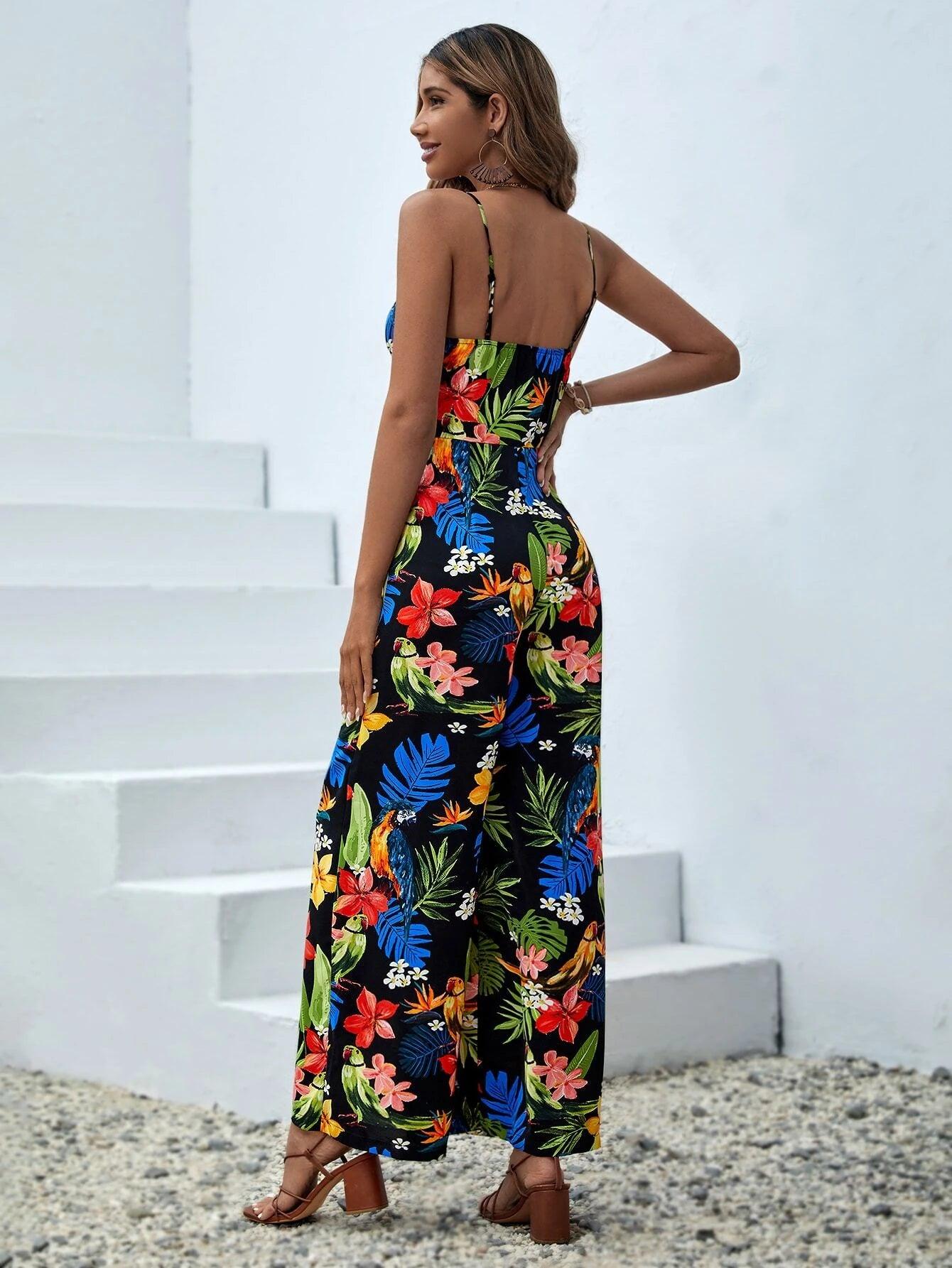 Tropical Print Slant Pocket Cami Jumpsuit-Comfy Jumpsuits