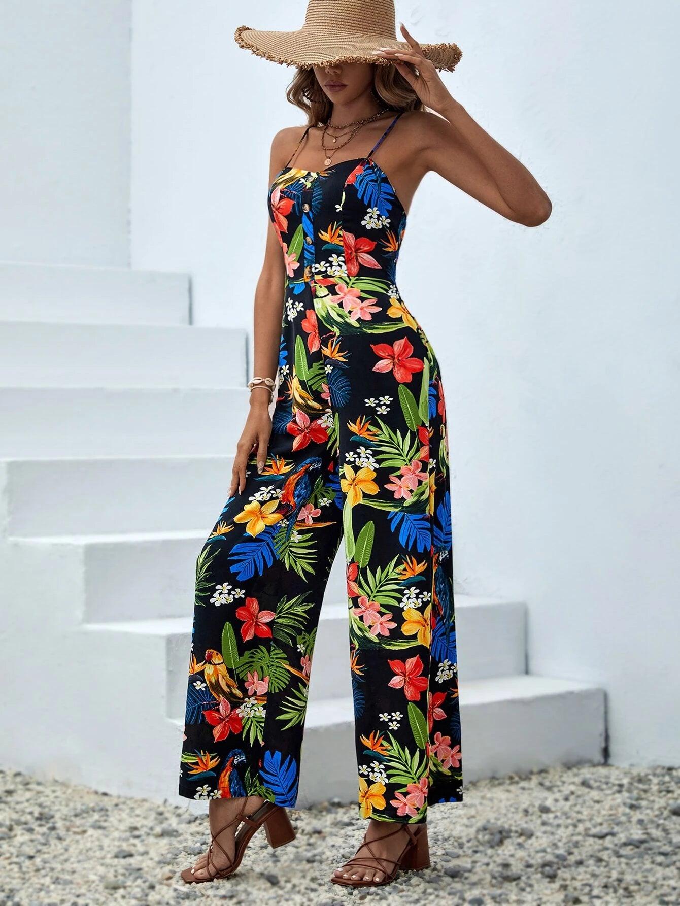 Tropical Print Slant Pocket Cami Jumpsuit-Comfy Jumpsuits