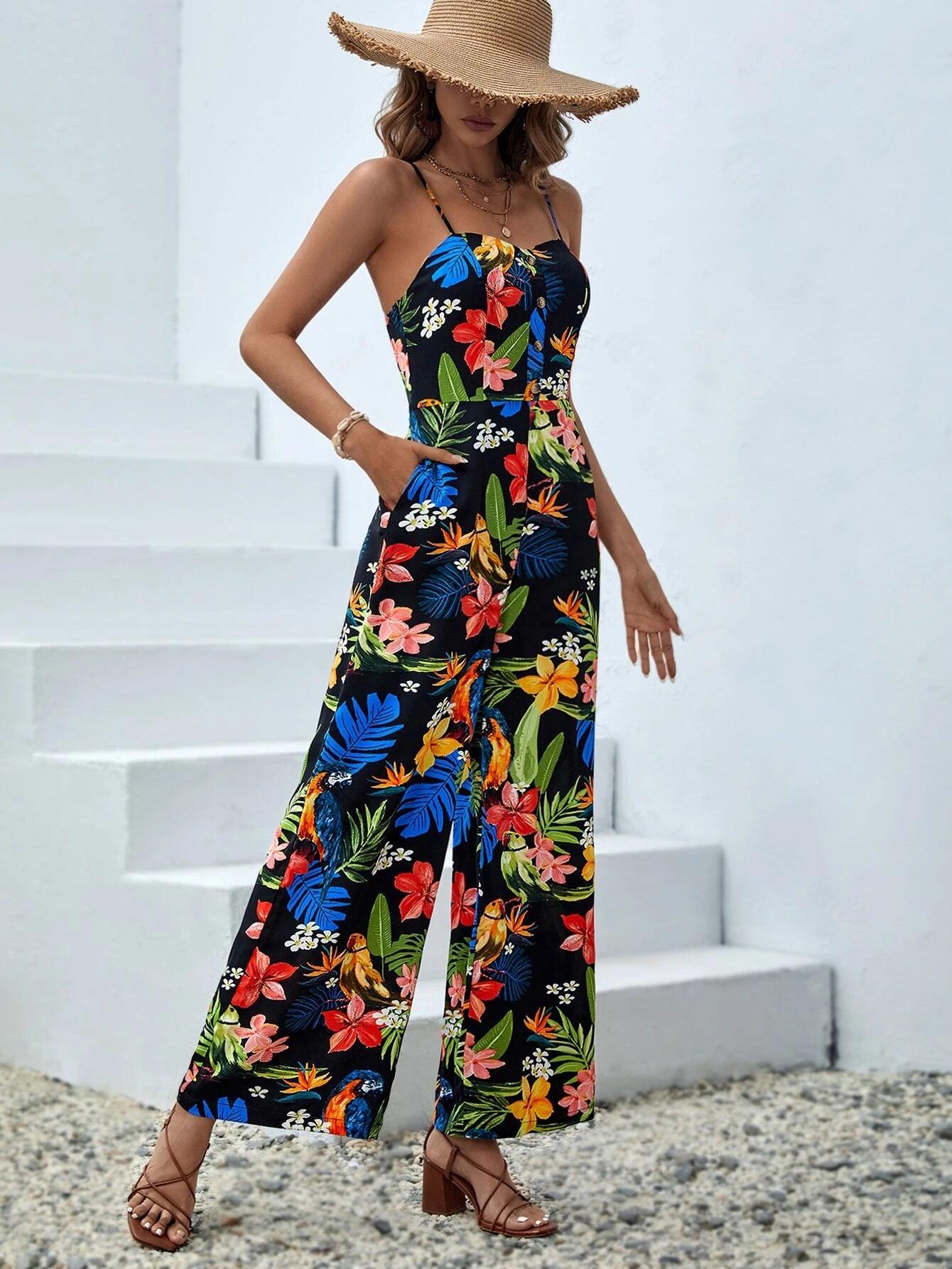 Tropical Print Slant Pocket Cami Jumpsuit-Comfy Jumpsuits