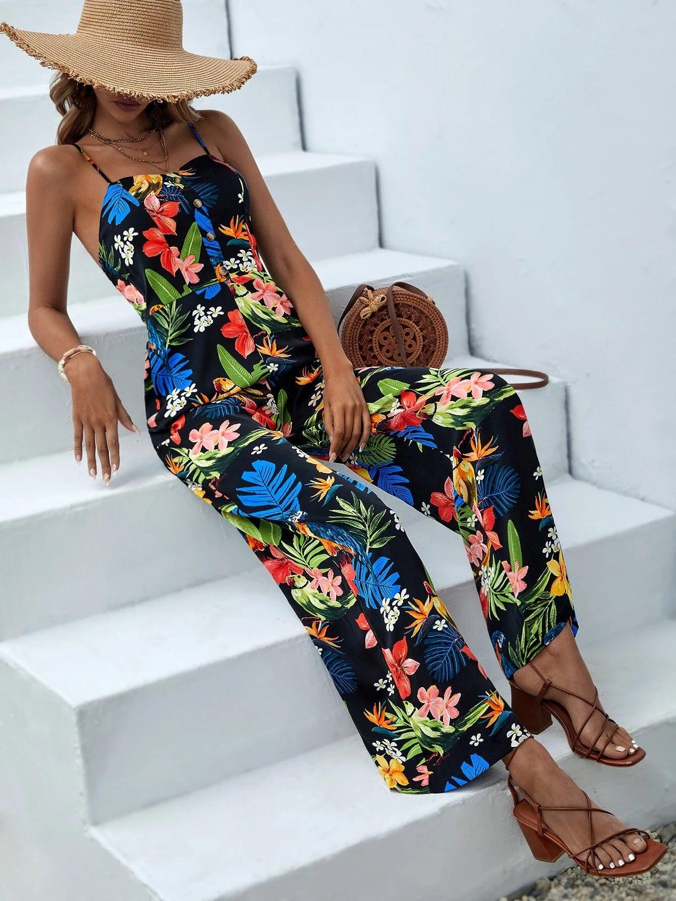Tropical Print Slant Pocket Cami Jumpsuit-Comfy Jumpsuits