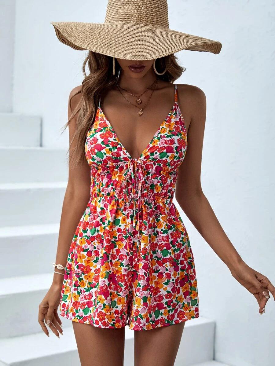Floral Print Front Knot Cami Romper-Comfy Jumpsuits