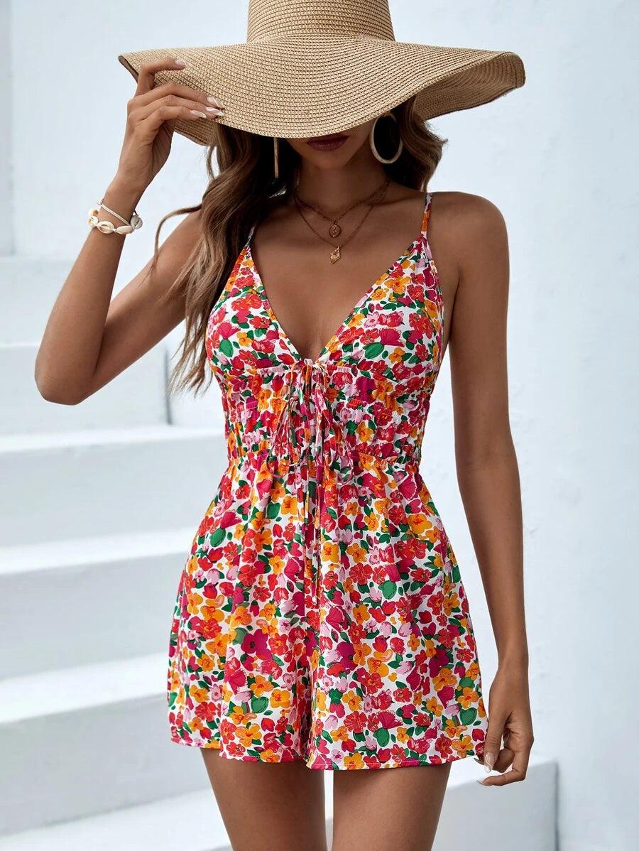 Floral Print Front Knot Cami Romper-Comfy Jumpsuits