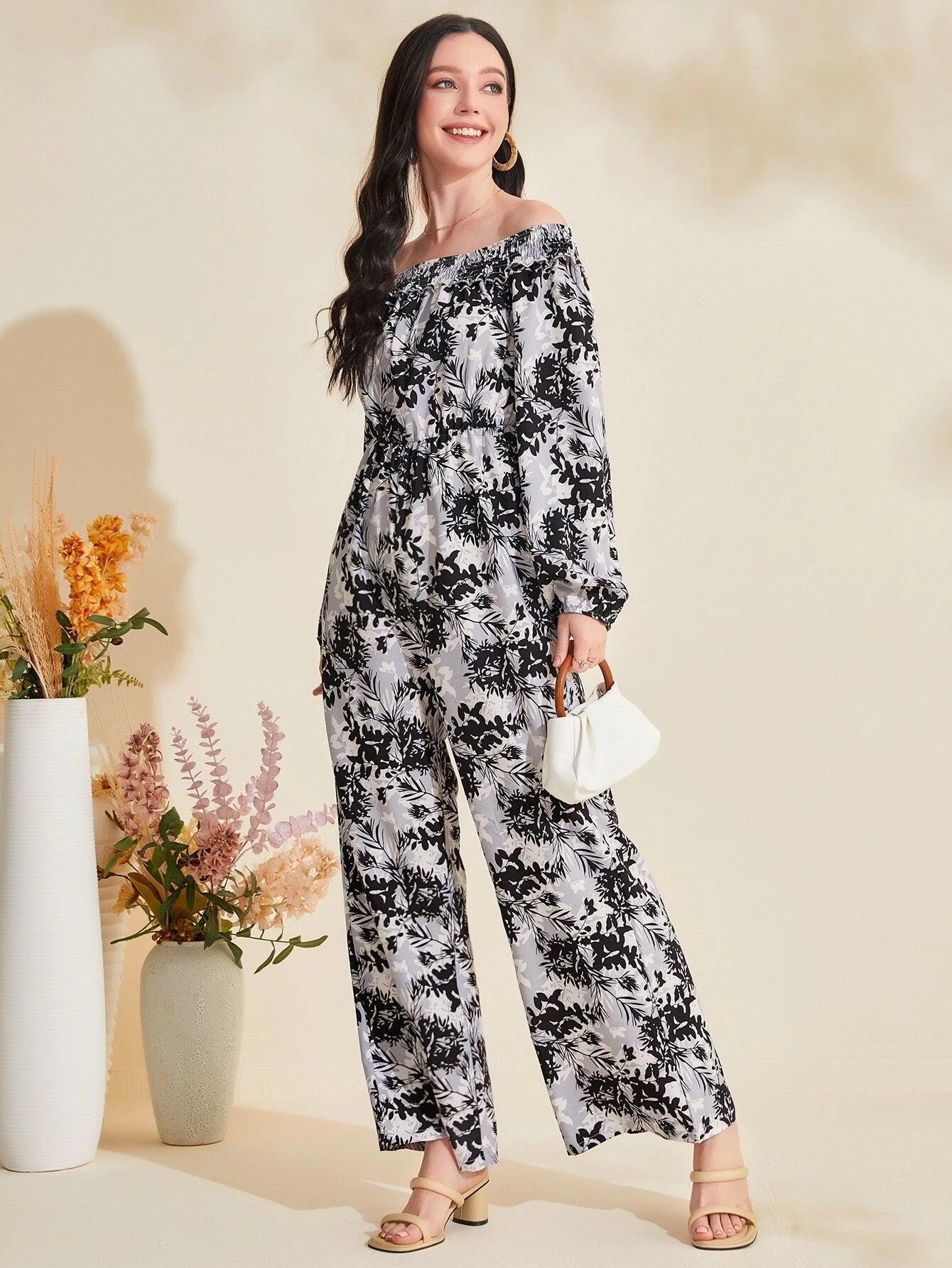 Floral Print Off Shoulder Lantern Sleeve Jumpsuit-Comfy Jumpsuits