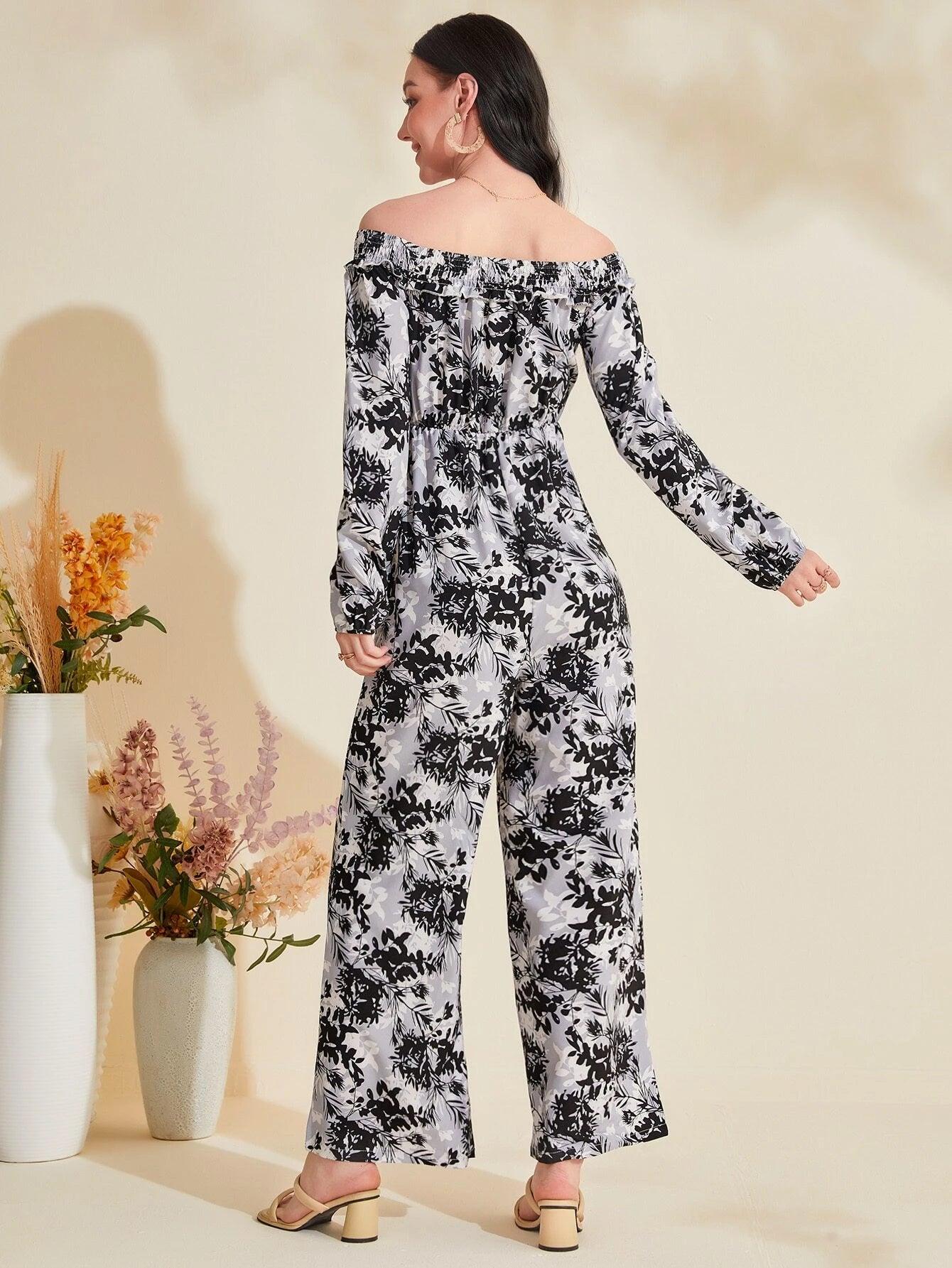 Floral Print Off Shoulder Lantern Sleeve Jumpsuit-Comfy Jumpsuits