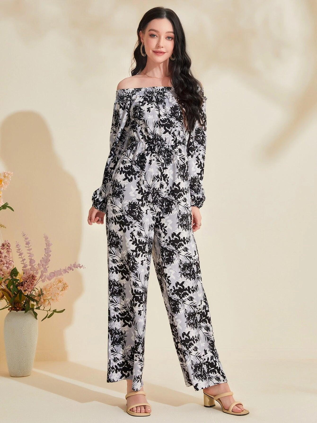 Floral Print Off Shoulder Lantern Sleeve Jumpsuit-Comfy Jumpsuits