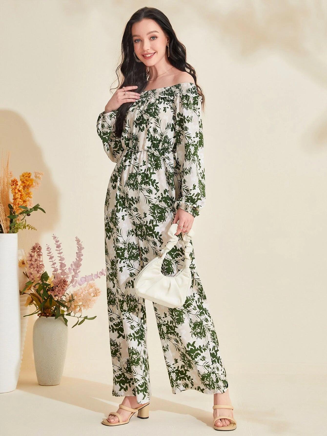 Floral Print Off Shoulder Lantern Sleeve Jumpsuit-Comfy Jumpsuits