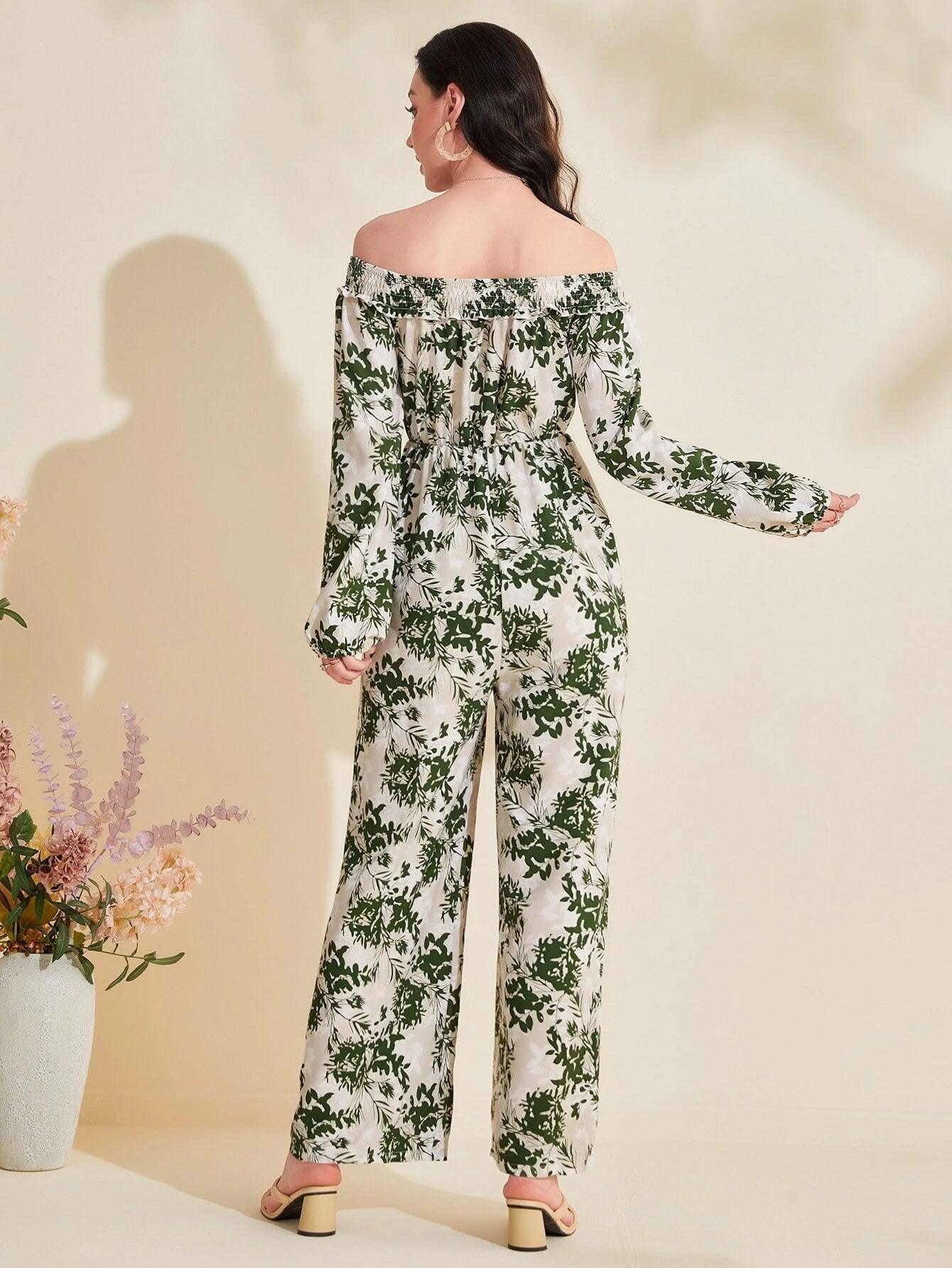 Floral Print Off Shoulder Lantern Sleeve Jumpsuit-Comfy Jumpsuits