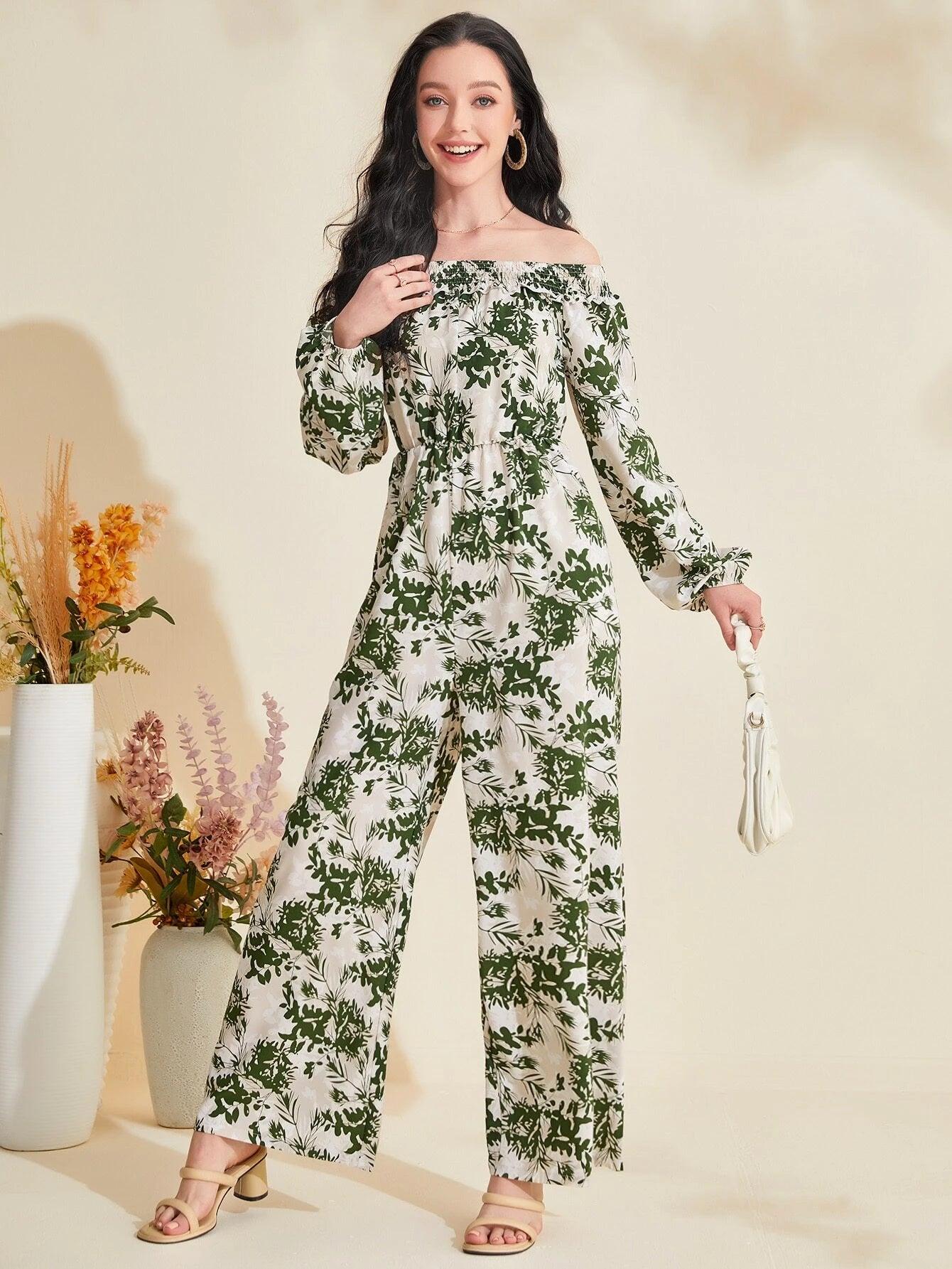 Floral Print Off Shoulder Lantern Sleeve Jumpsuit-Comfy Jumpsuits