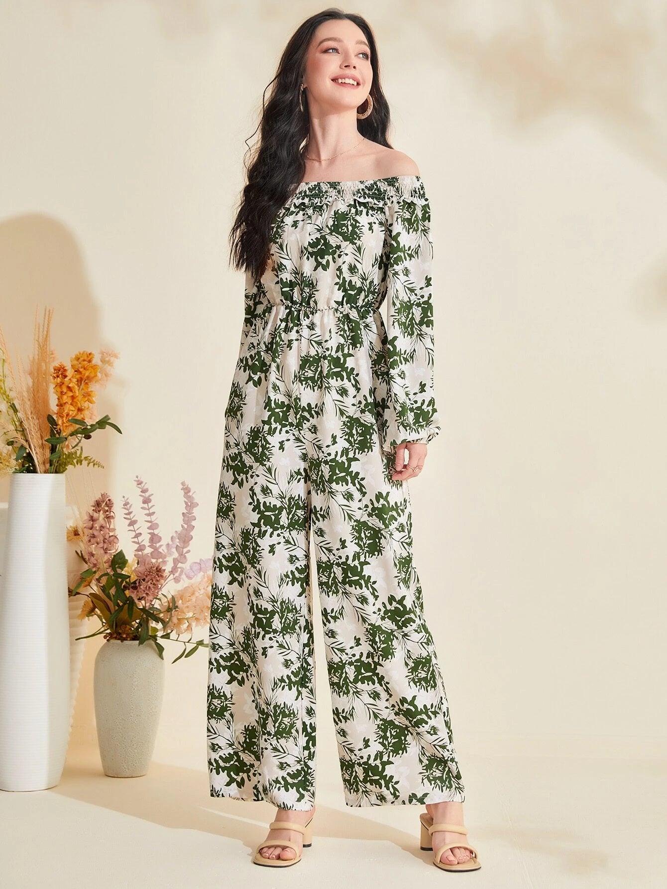 Floral Print Off Shoulder Lantern Sleeve Jumpsuit-Comfy Jumpsuits