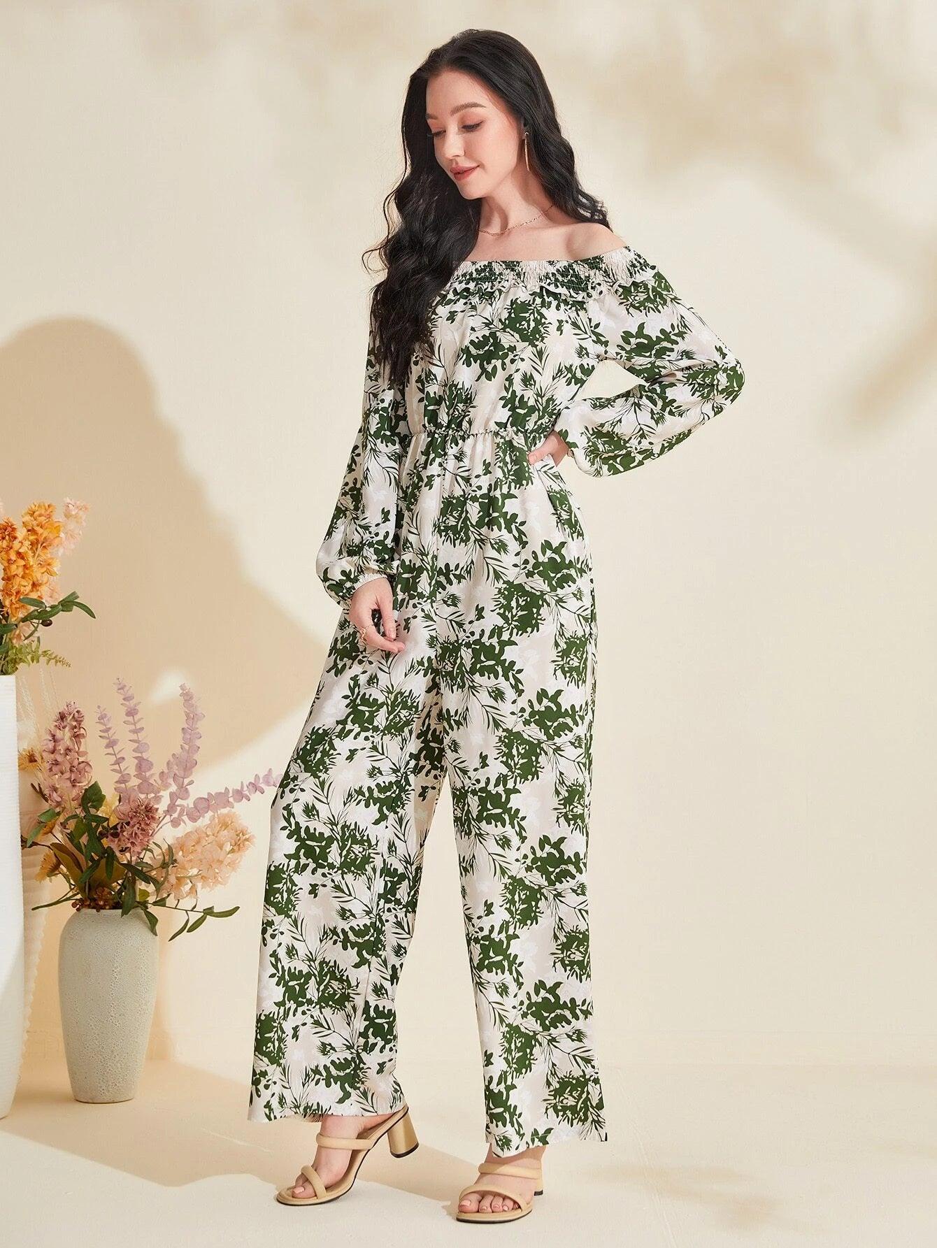 Floral Print Off Shoulder Lantern Sleeve Jumpsuit-Comfy Jumpsuits