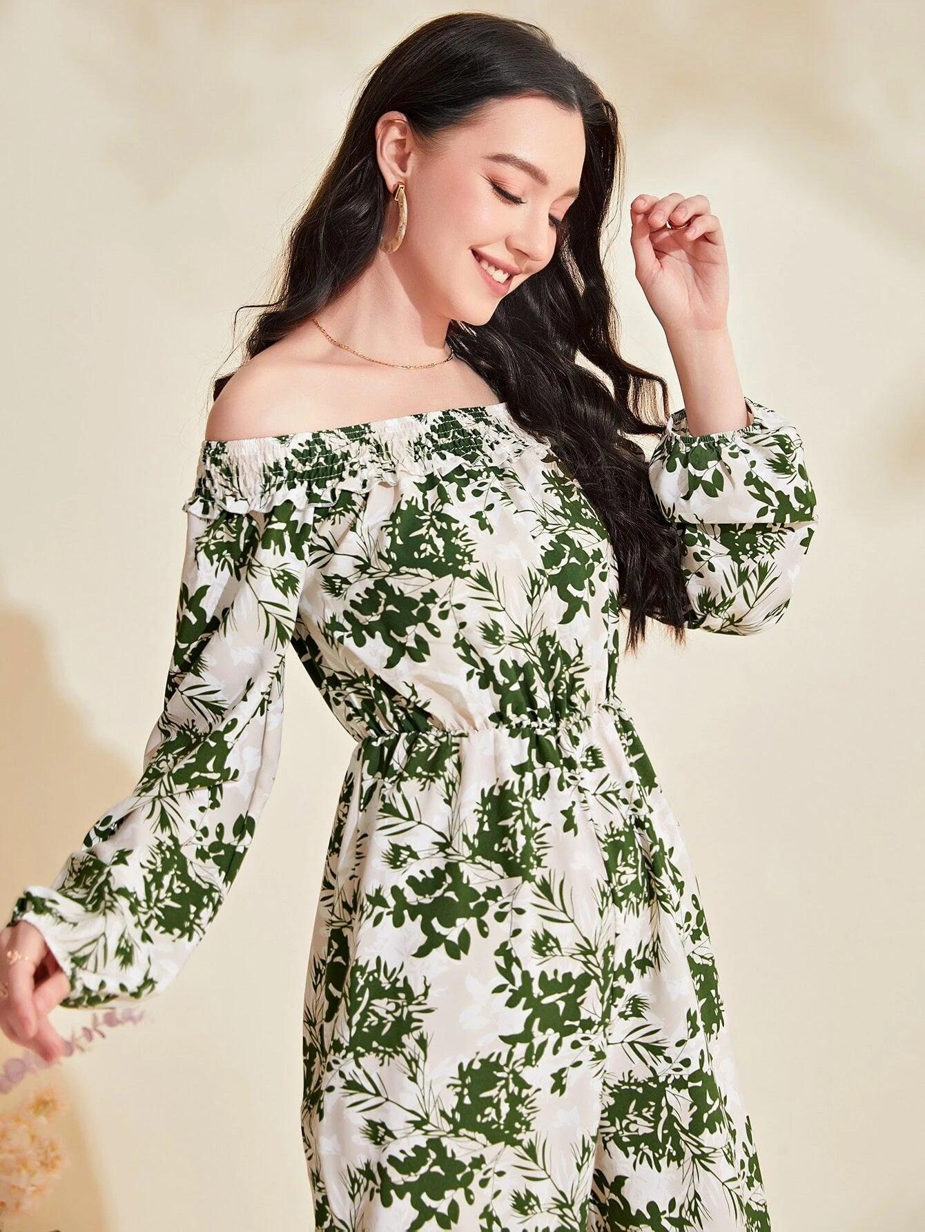 Floral Print Off Shoulder Lantern Sleeve Jumpsuit-Comfy Jumpsuits