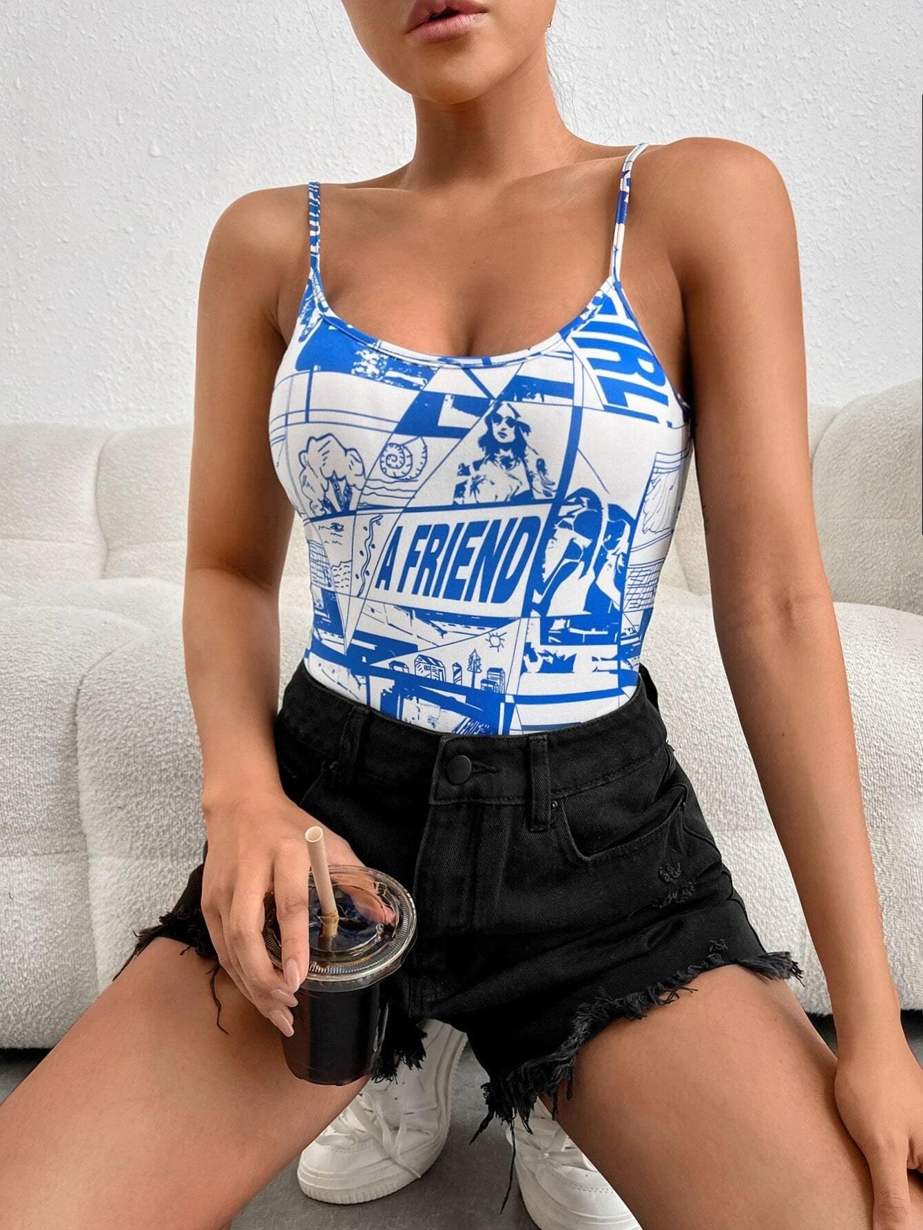 Letter Graphic Cami Bodysuit-Comfy Jumpsuits