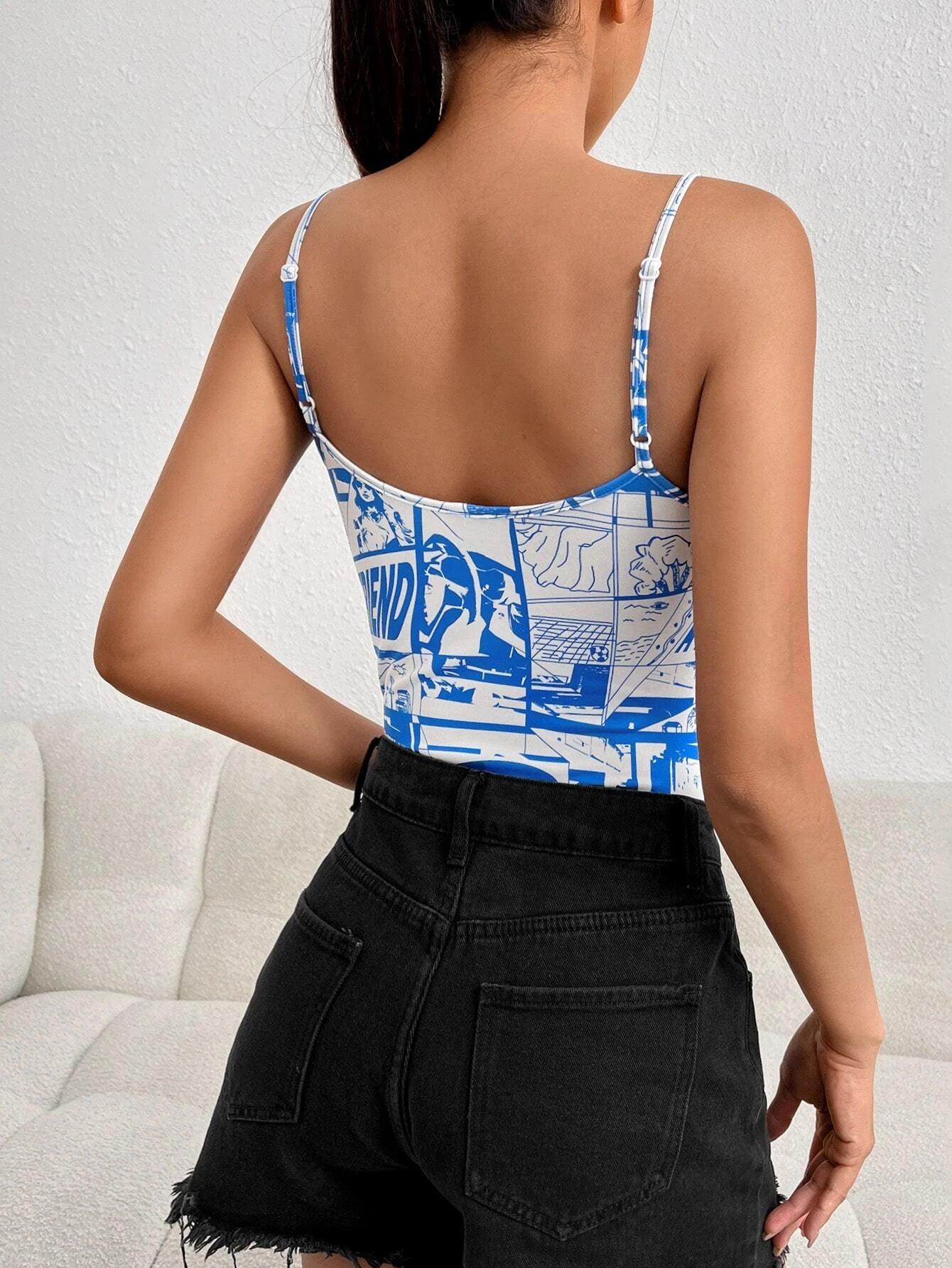 Letter Graphic Cami Bodysuit-Comfy Jumpsuits