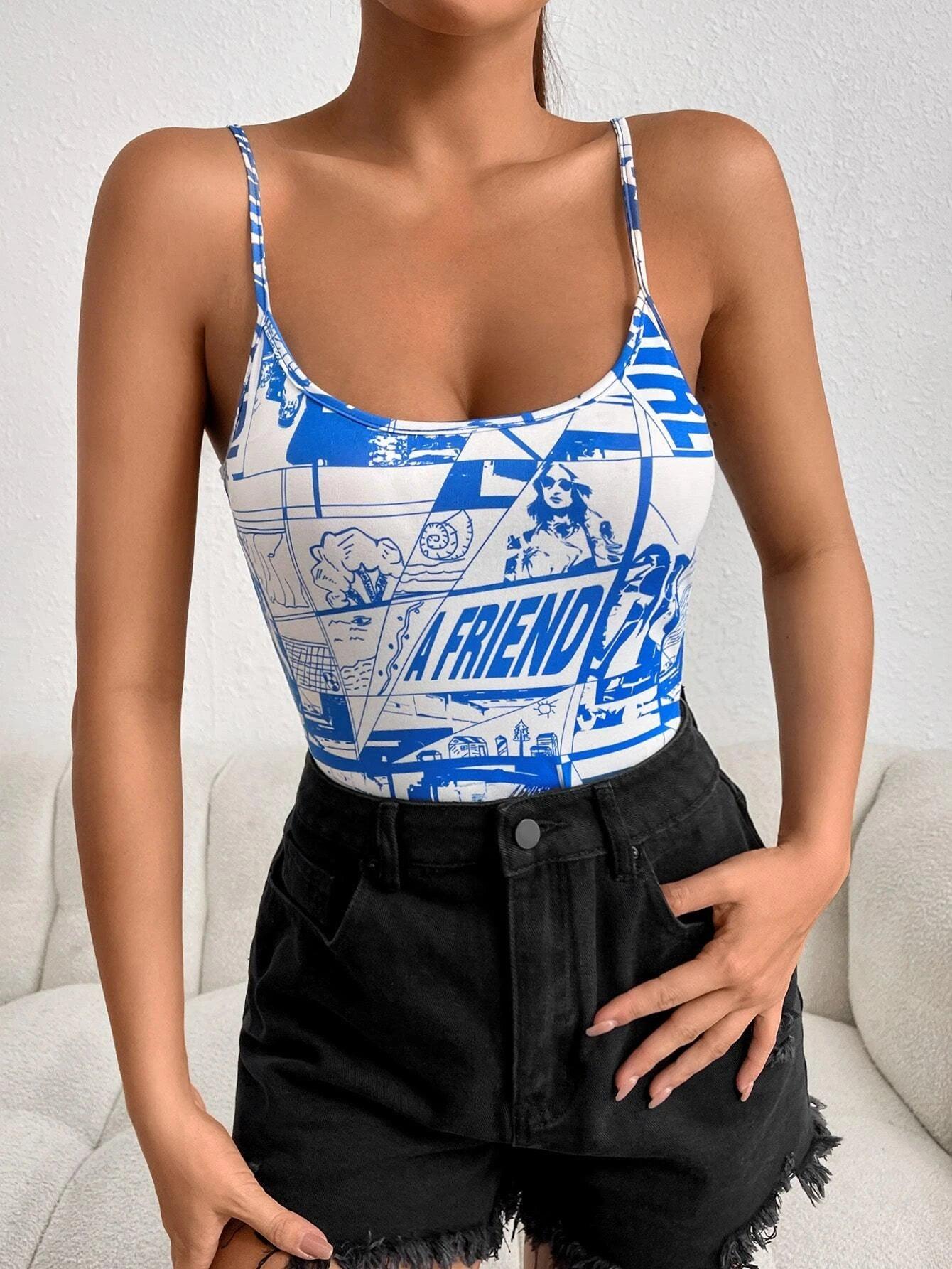 Letter Graphic Cami Bodysuit-Comfy Jumpsuits