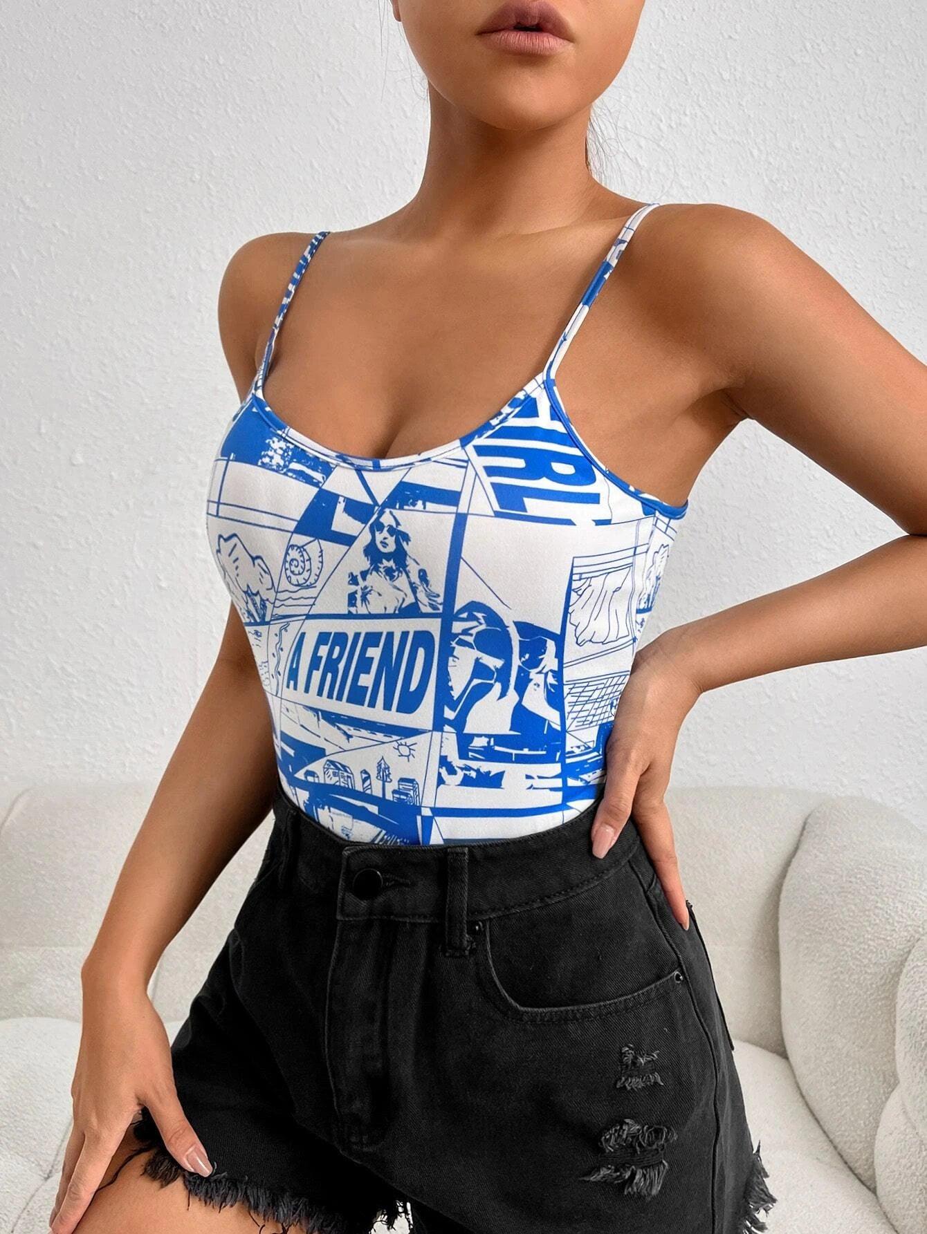Letter Graphic Cami Bodysuit-Comfy Jumpsuits