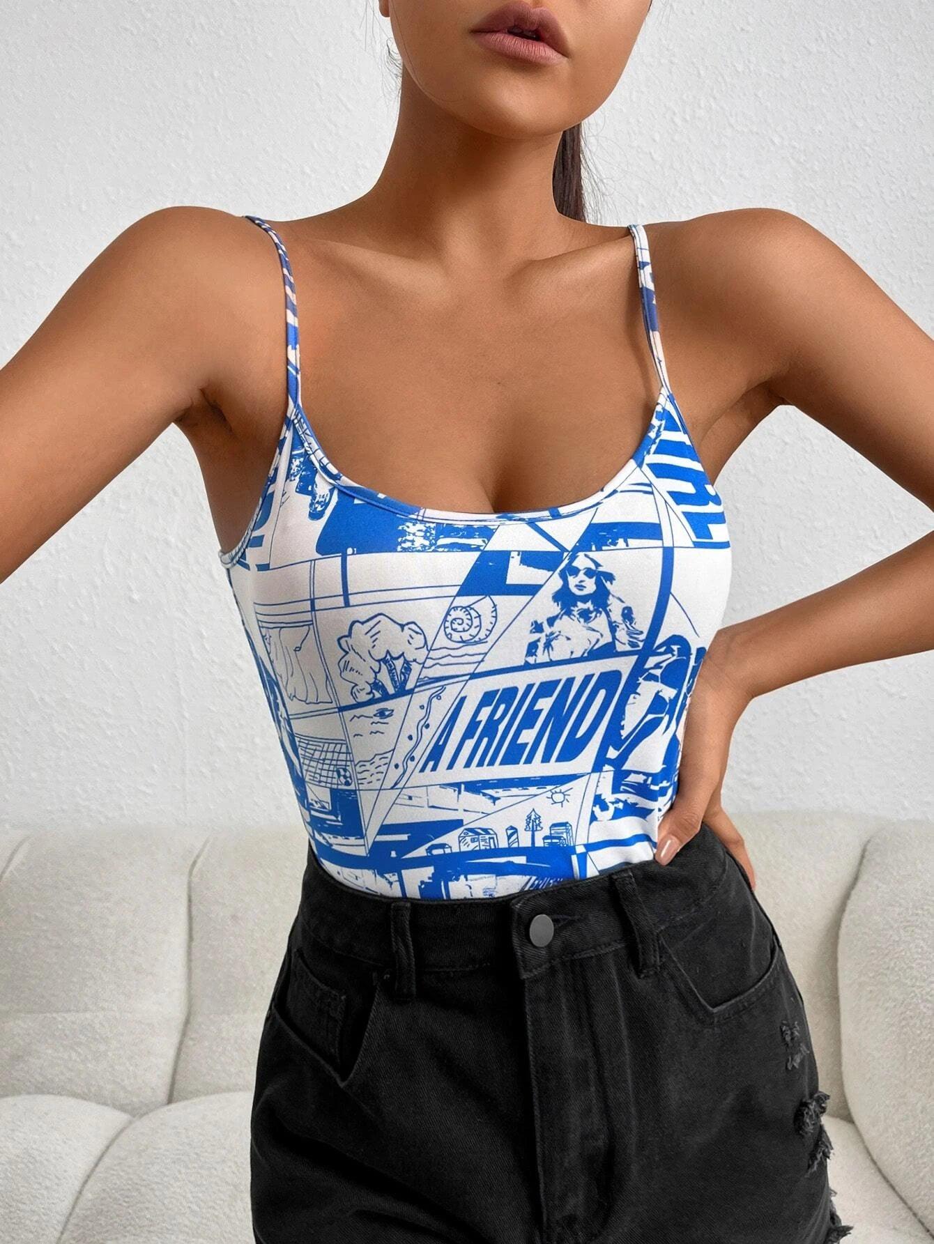 Letter Graphic Cami Bodysuit-Comfy Jumpsuits