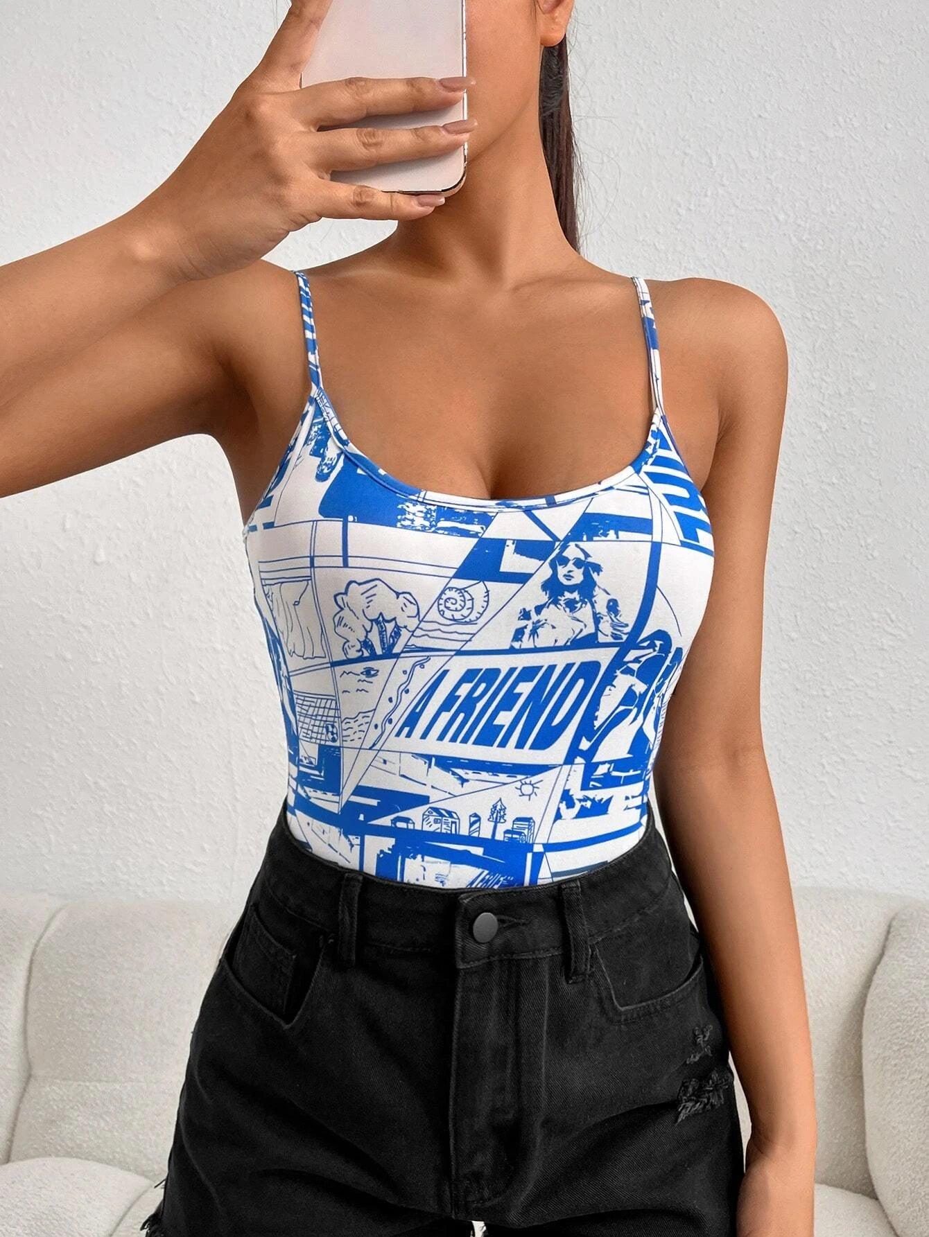 Letter Graphic Cami Bodysuit-Comfy Jumpsuits