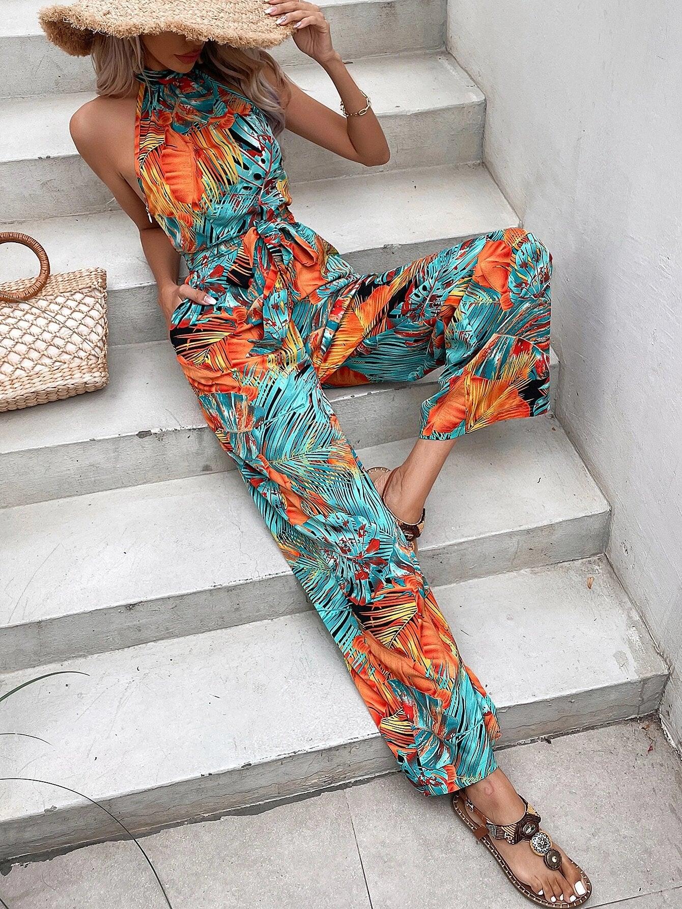 Belted Halter Jumpsuit-Comfy Jumpsuits