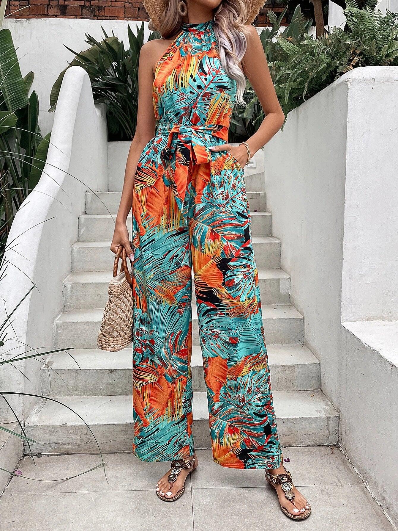 Belted Halter Jumpsuit-Comfy Jumpsuits