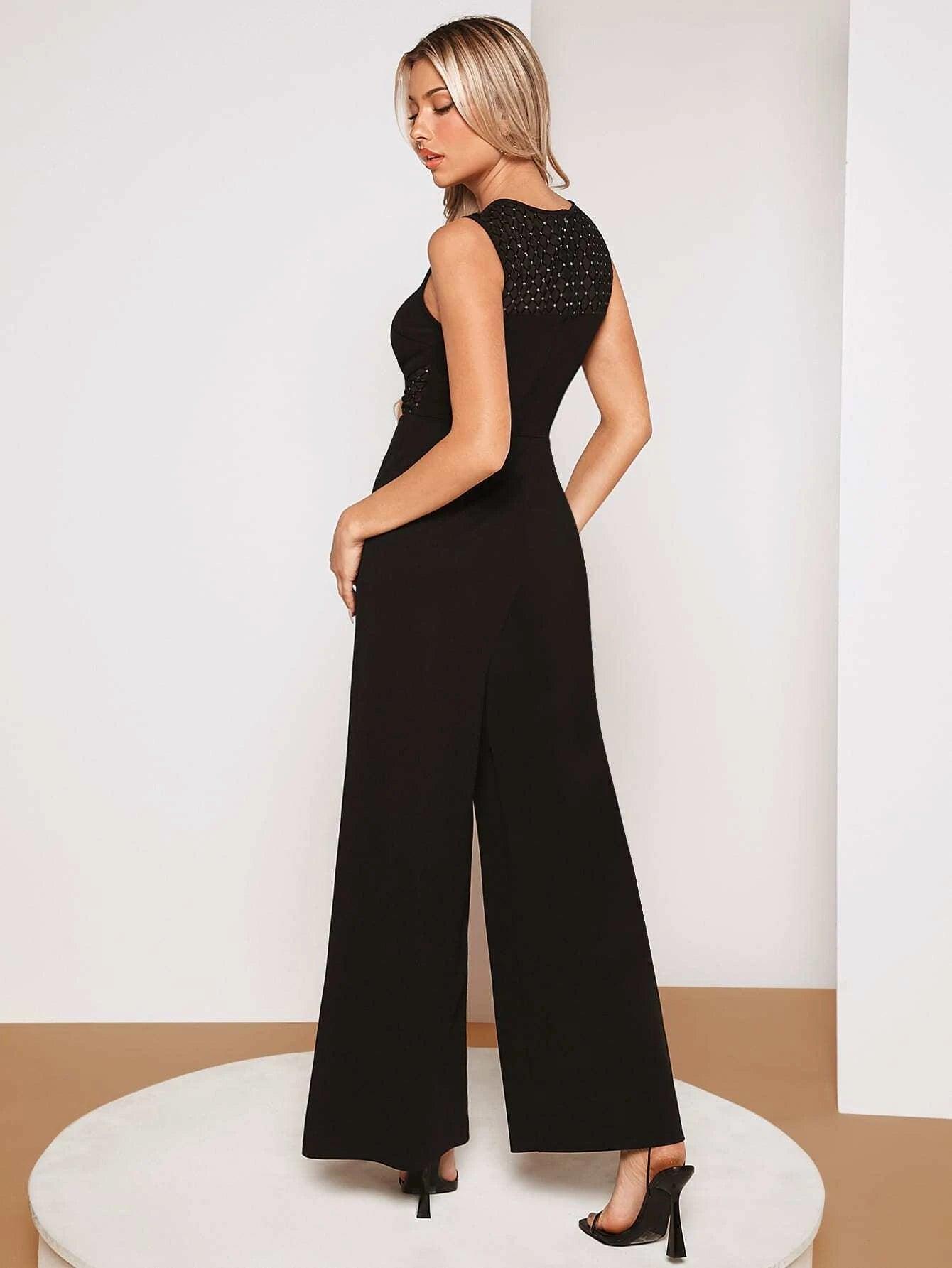 Contrast Mesh Sleeveless Jumpsuit-Comfy Jumpsuits
