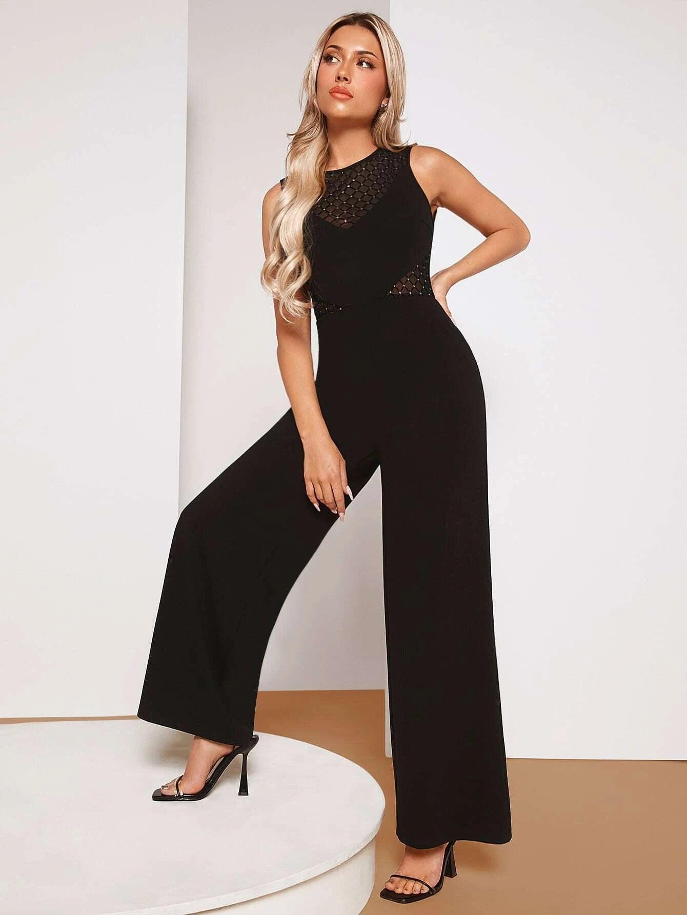Contrast Mesh Sleeveless Jumpsuit-Comfy Jumpsuits