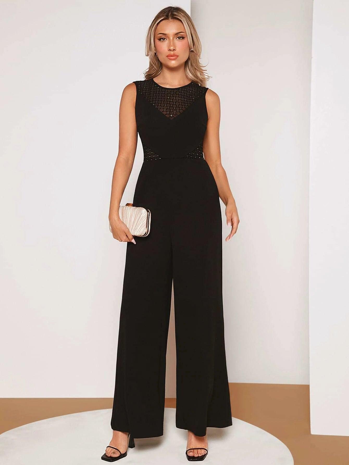 Contrast Mesh Sleeveless Jumpsuit-Comfy Jumpsuits