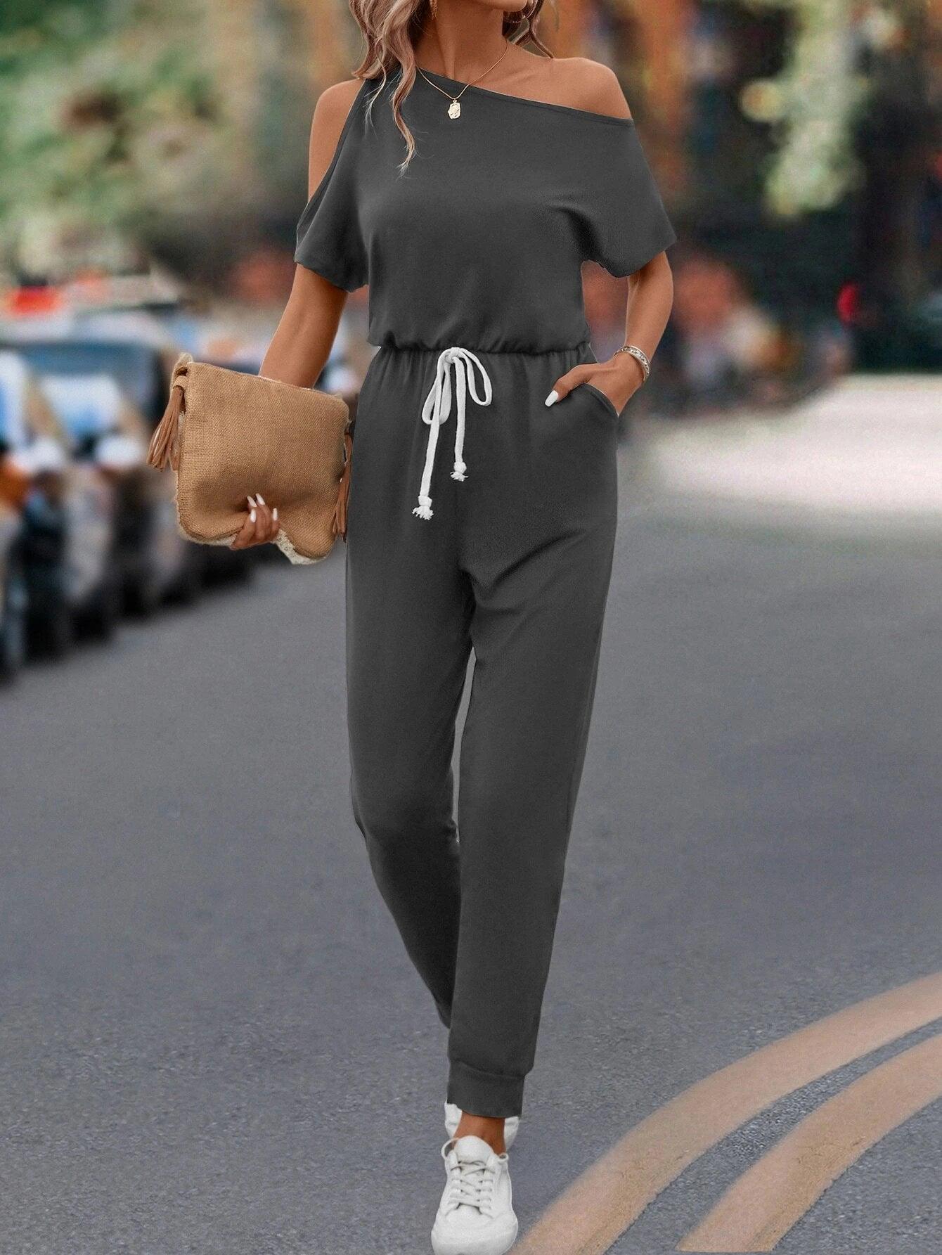Asymmetrical Neck Knot Front Jumpsuit-Comfy Jumpsuits
