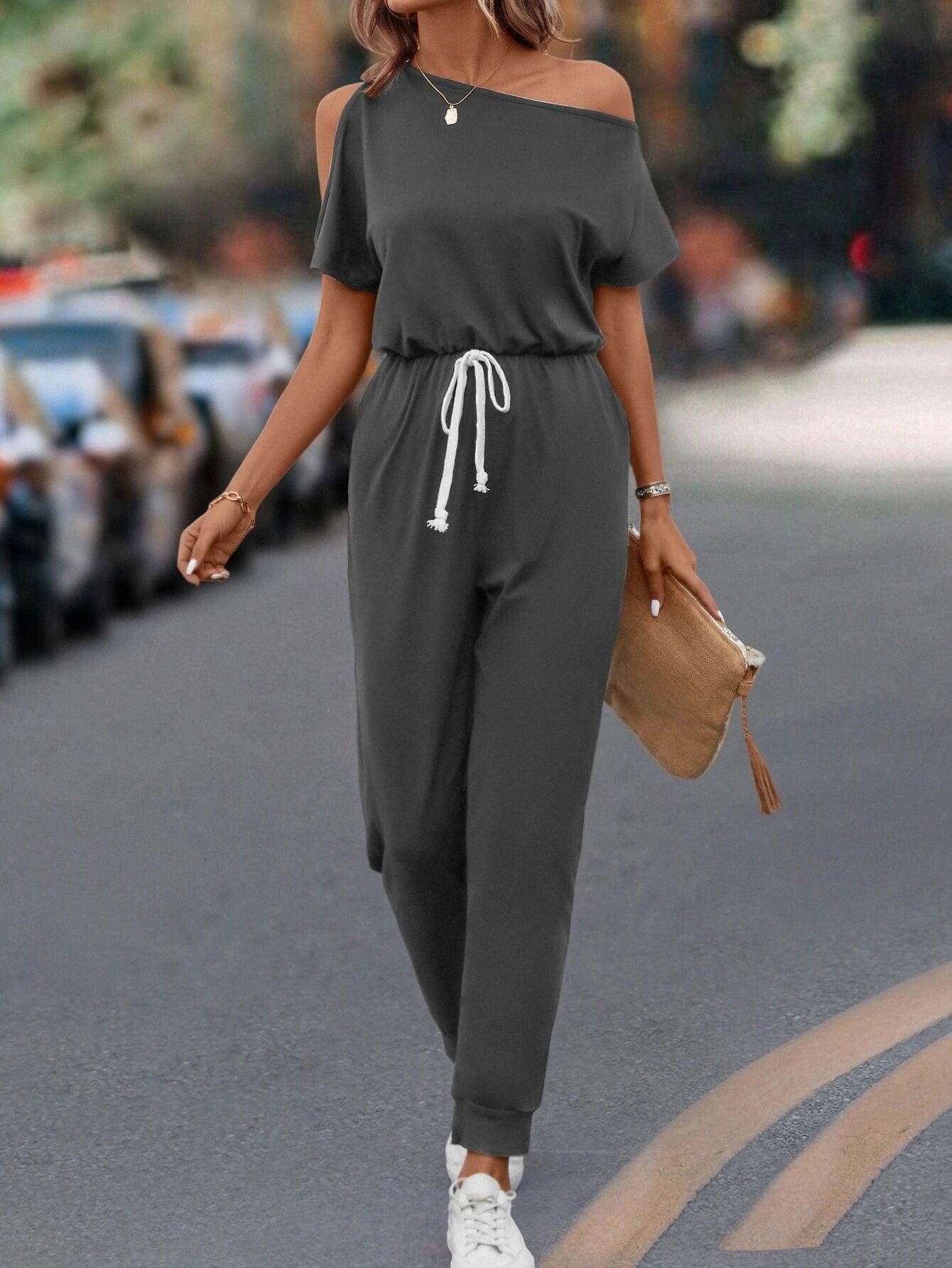 Asymmetrical Neck Knot Front Jumpsuit-Comfy Jumpsuits