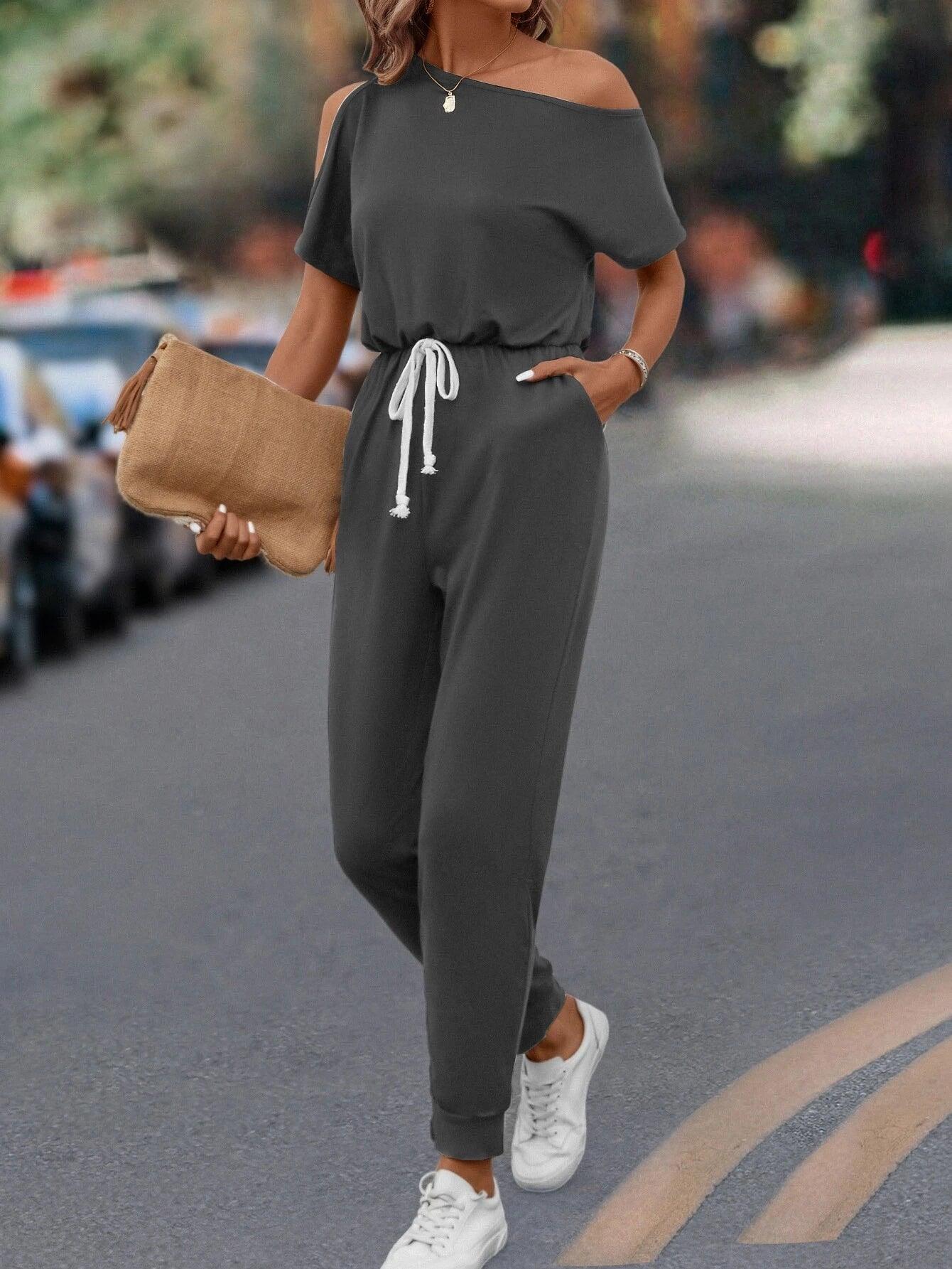 Asymmetrical Neck Knot Front Jumpsuit-Comfy Jumpsuits