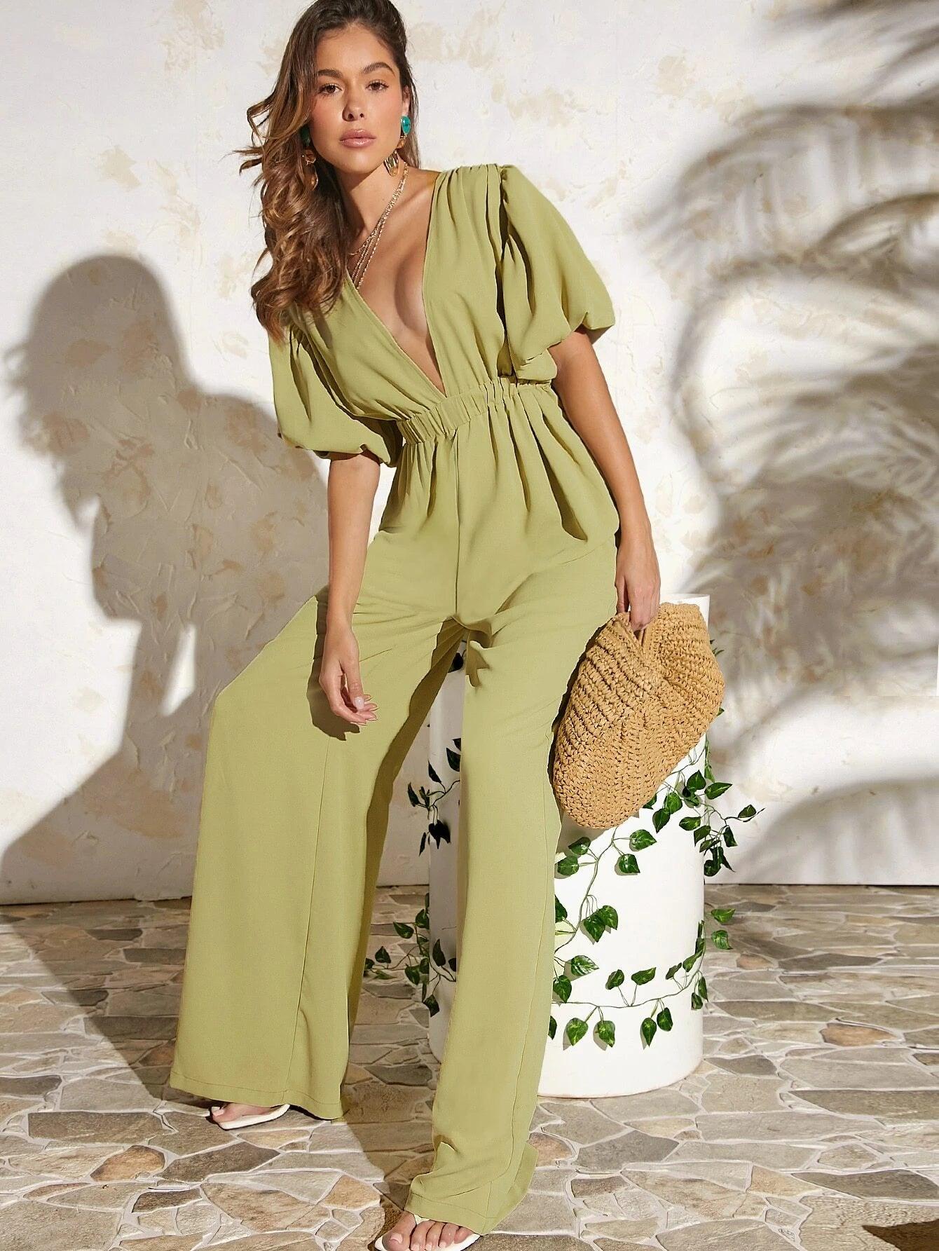 Puff Sleeve Wide Length Jumpsuit-Comfy Jumpsuits