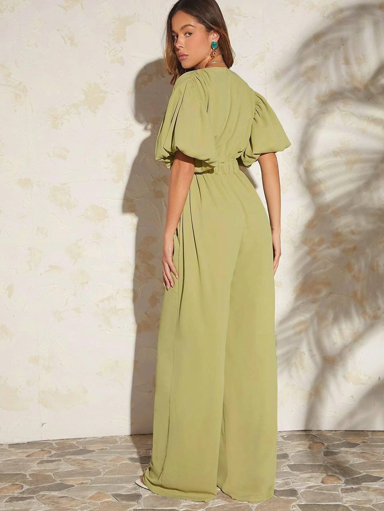 Puff Sleeve Wide Length Jumpsuit-Comfy Jumpsuits