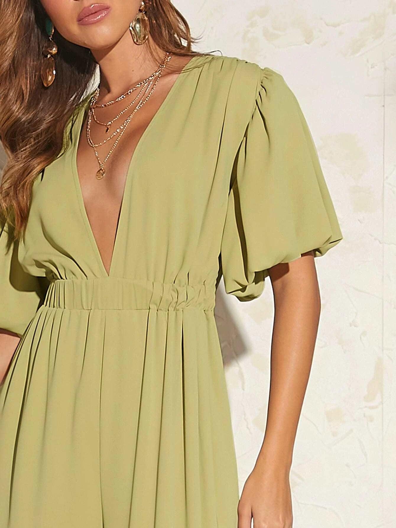 Puff Sleeve Wide Length Jumpsuit-Comfy Jumpsuits