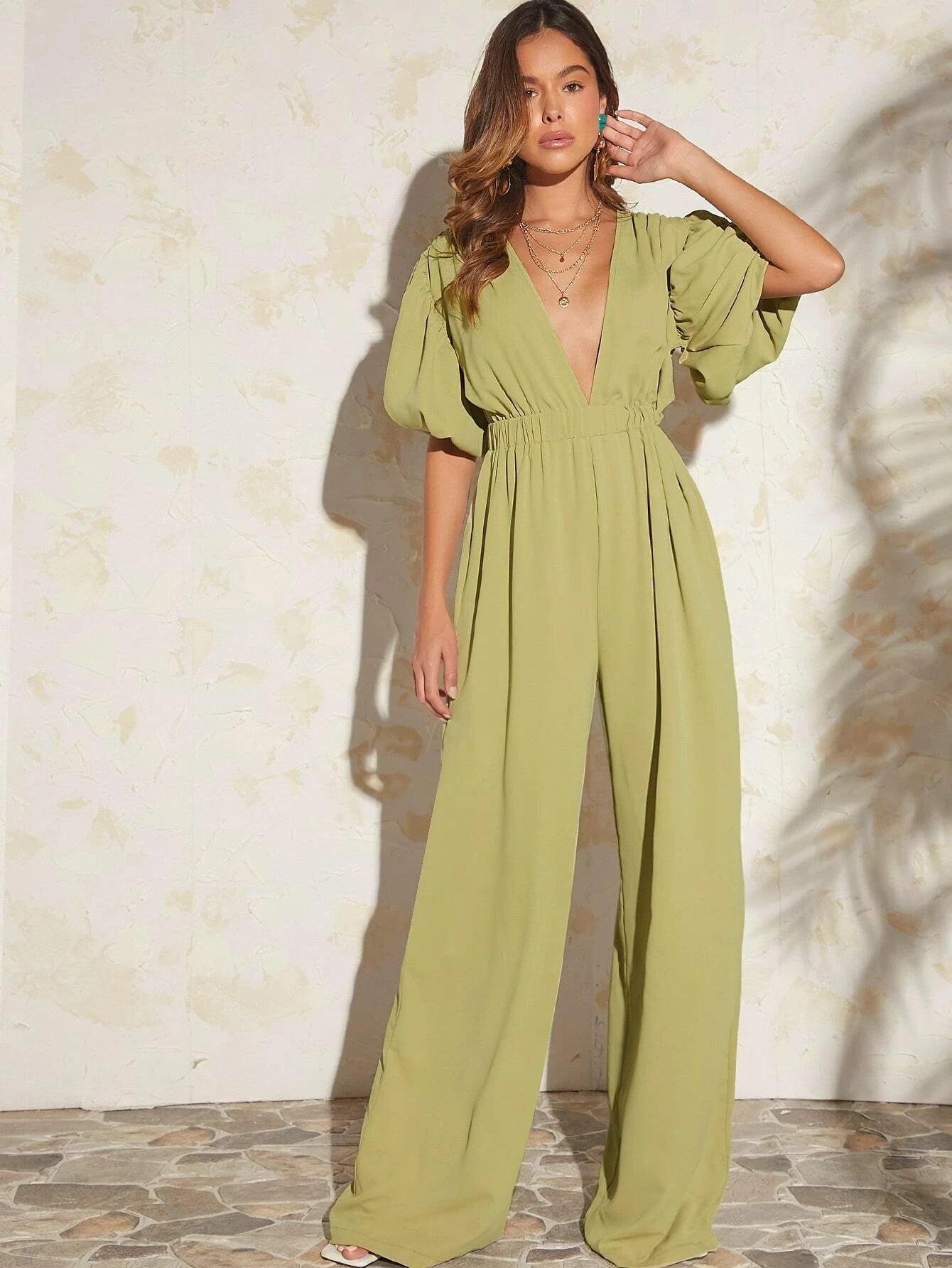 Puff Sleeve Wide Length Jumpsuit-Comfy Jumpsuits