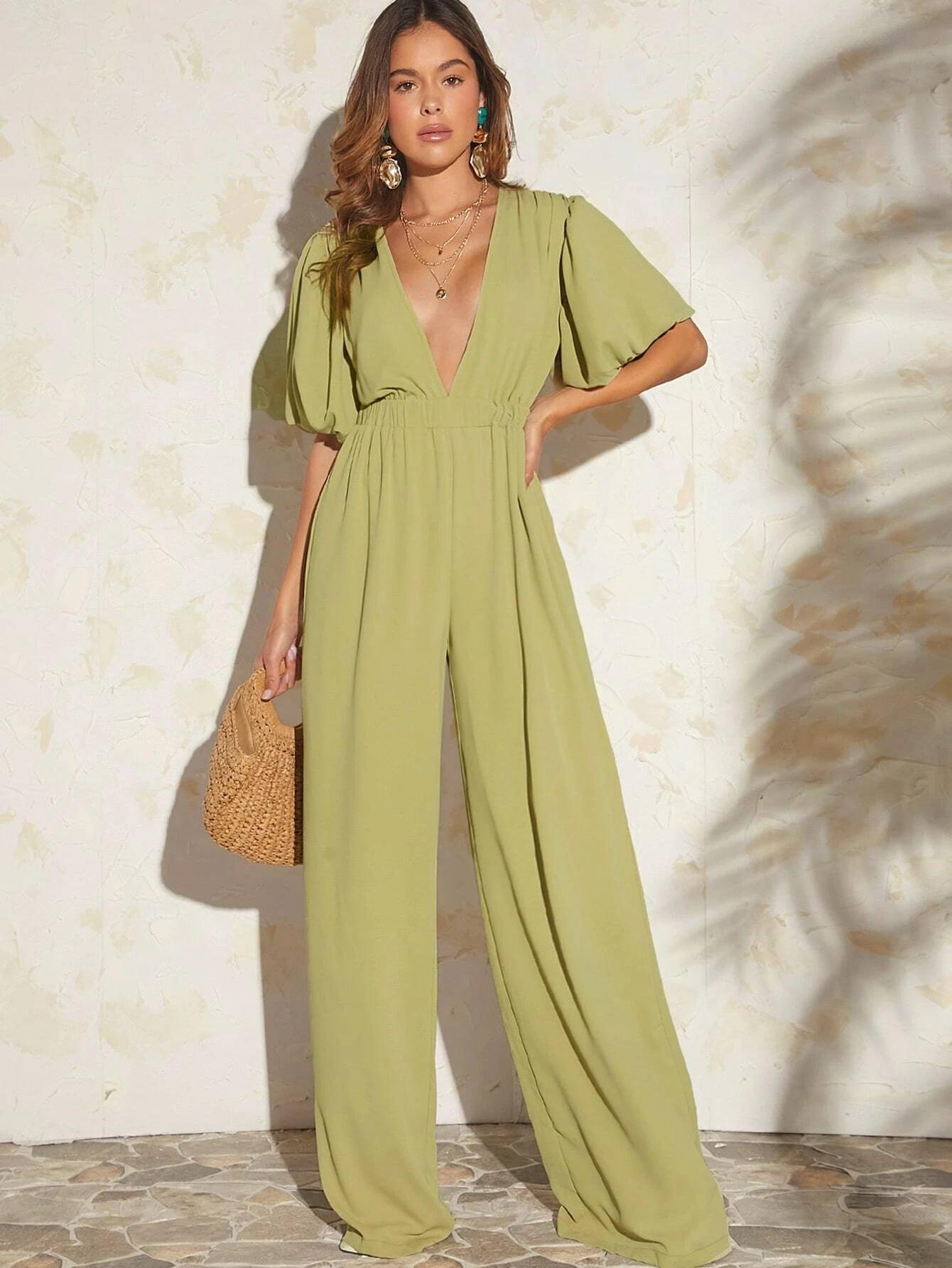 Puff Sleeve Wide Length Jumpsuit-Comfy Jumpsuits