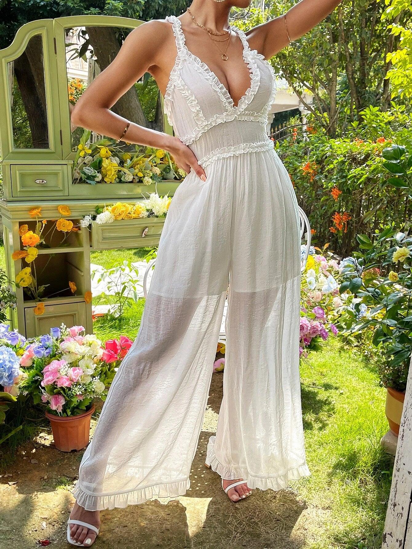 Frill Trim Crisscross Backless Jumpsuit-Comfy Jumpsuits