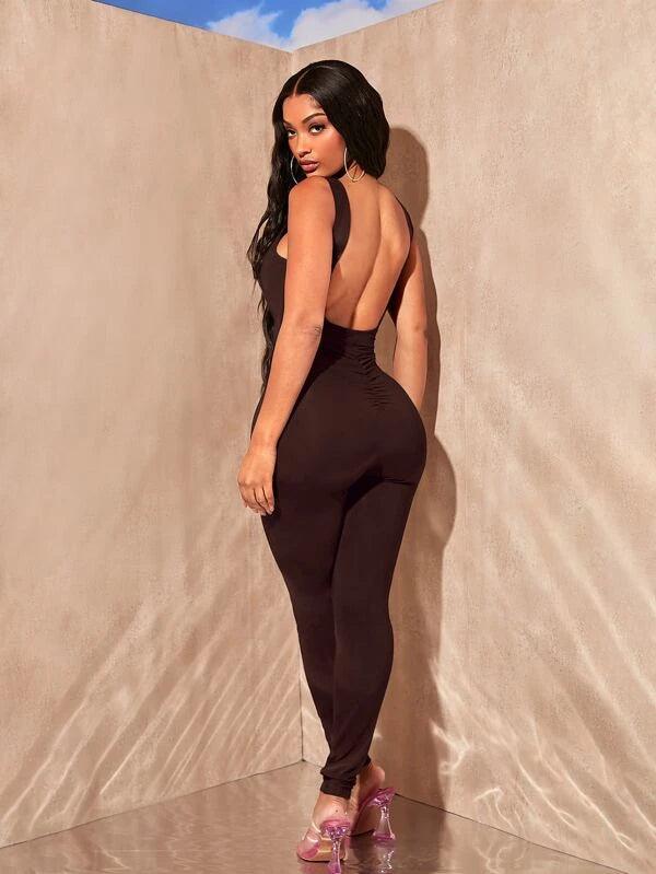 Solid Backless Round Neck Unitard Jumpsuit-Comfy Jumpsuits