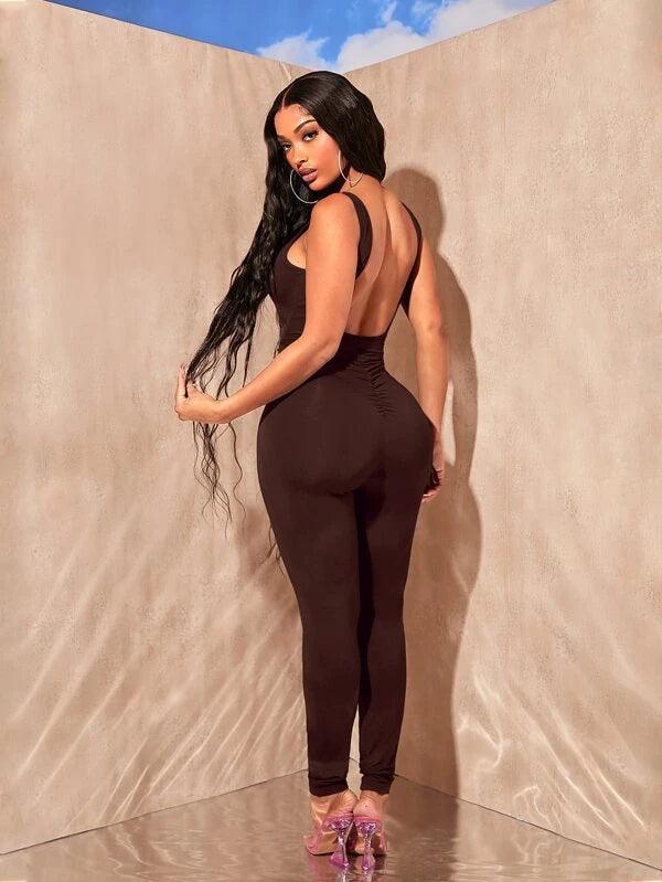 Solid Backless Round Neck Unitard Jumpsuit-Comfy Jumpsuits