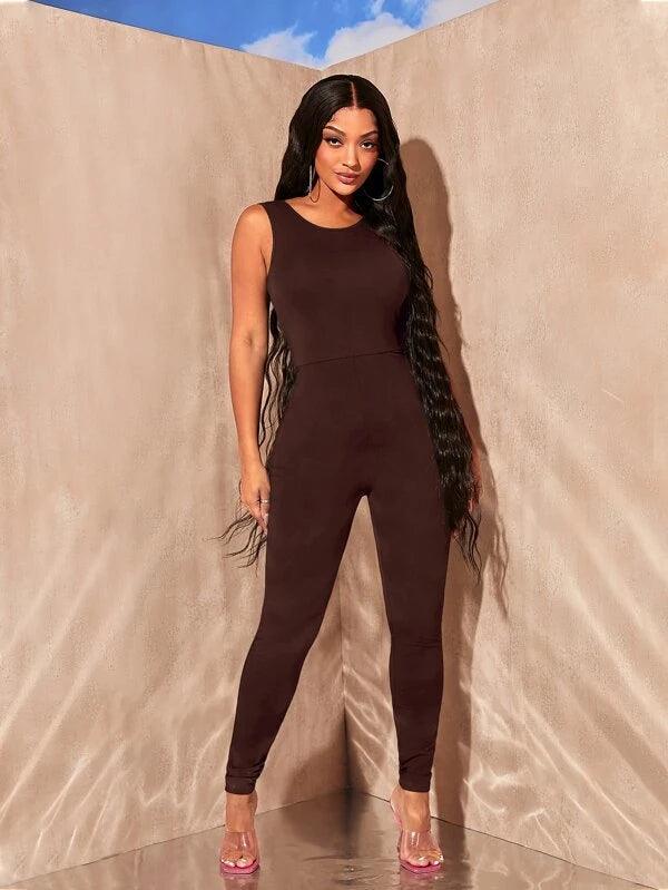 Solid Backless Round Neck Unitard Jumpsuit-Comfy Jumpsuits