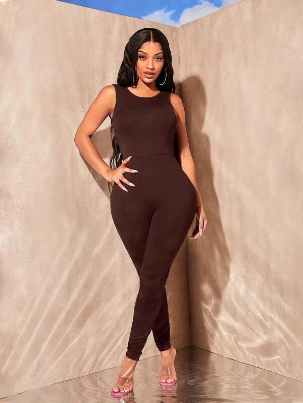 Solid Backless Round Neck Unitard Jumpsuit-Comfy Jumpsuits
