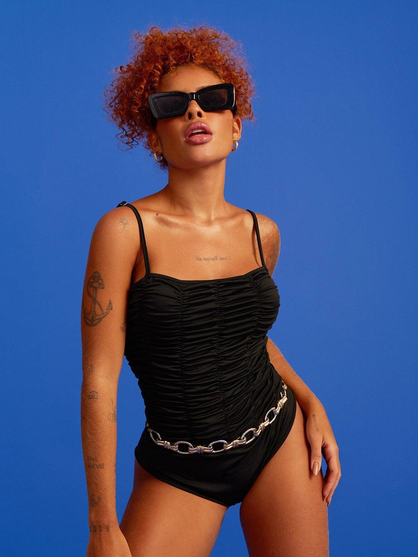 Solid Ruched Tie Shoulder Cami Bodysuit-Comfy Jumpsuits