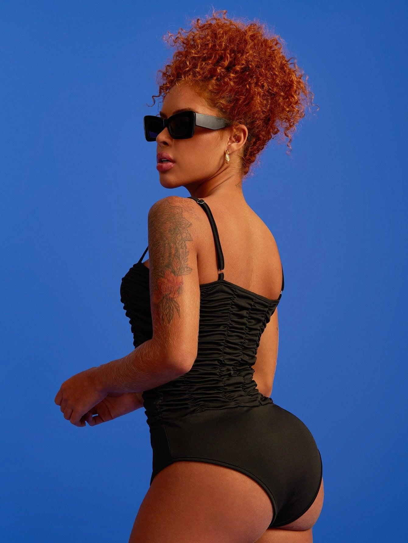 Solid Ruched Tie Shoulder Cami Bodysuit-Comfy Jumpsuits