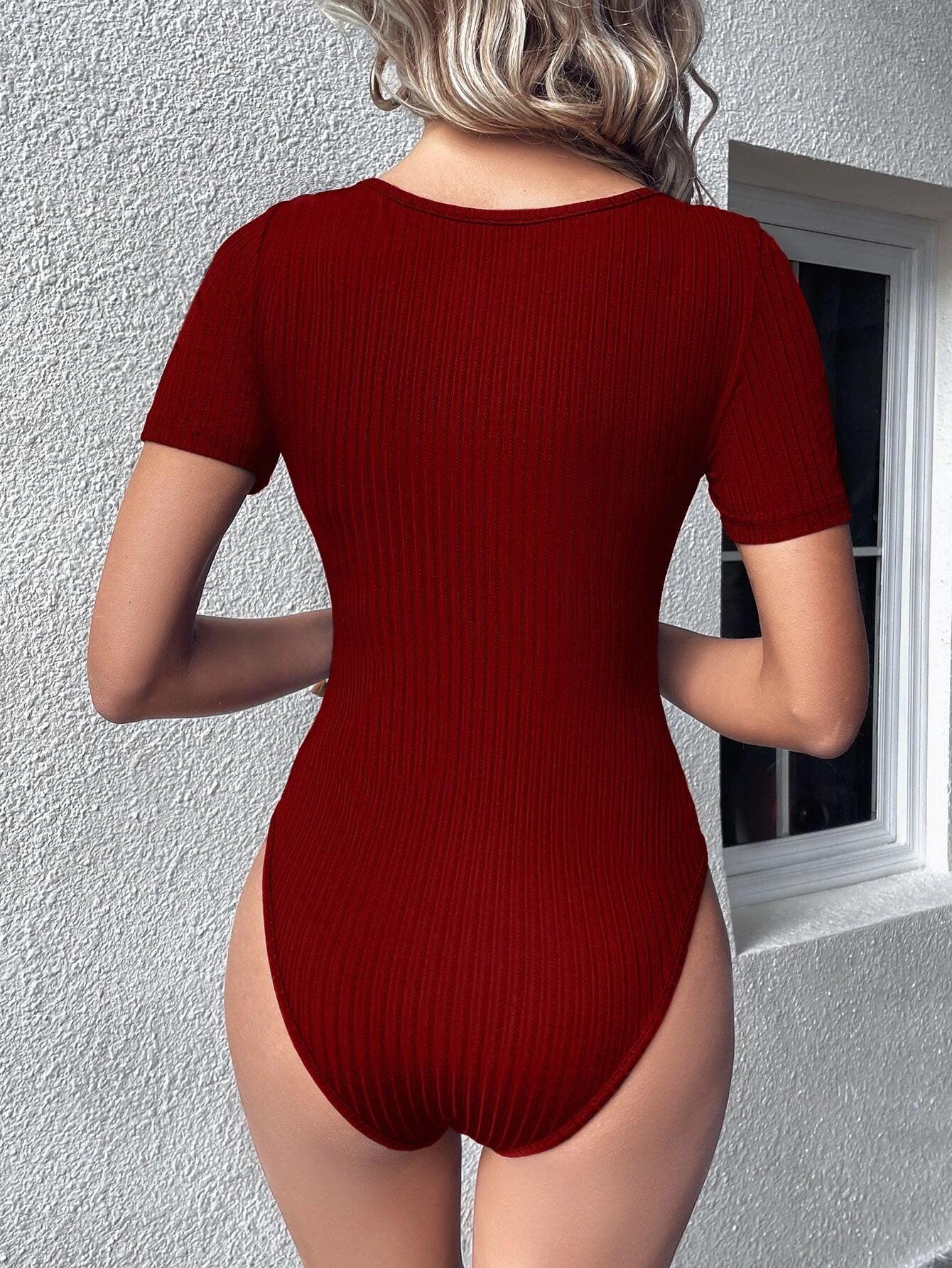 Button Front Ribbed Knit Tee Bodysuit-Comfy Jumpsuits