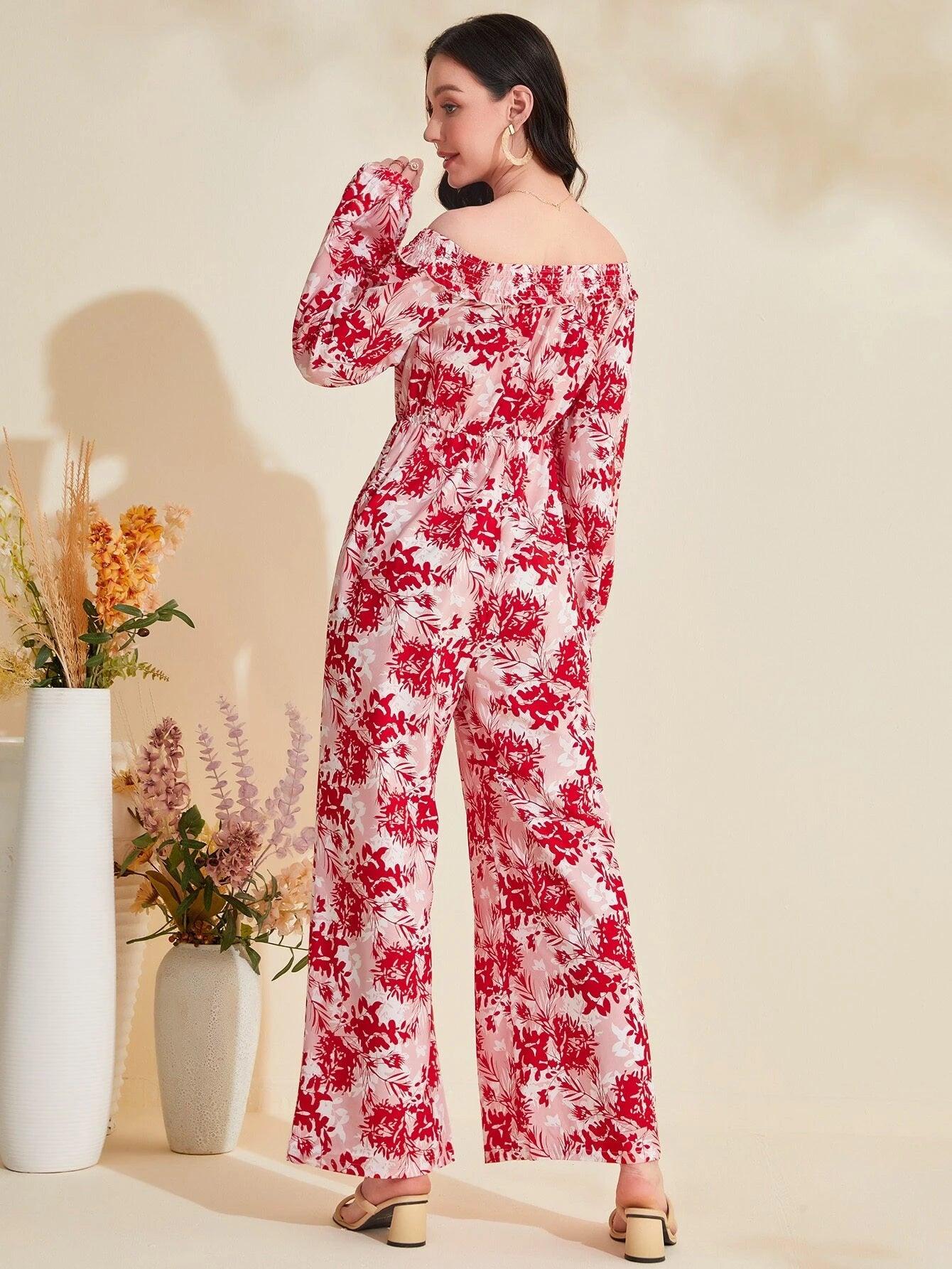Floral Print Off Shoulder Lantern Sleeve Jumpsuit-Comfy Jumpsuits