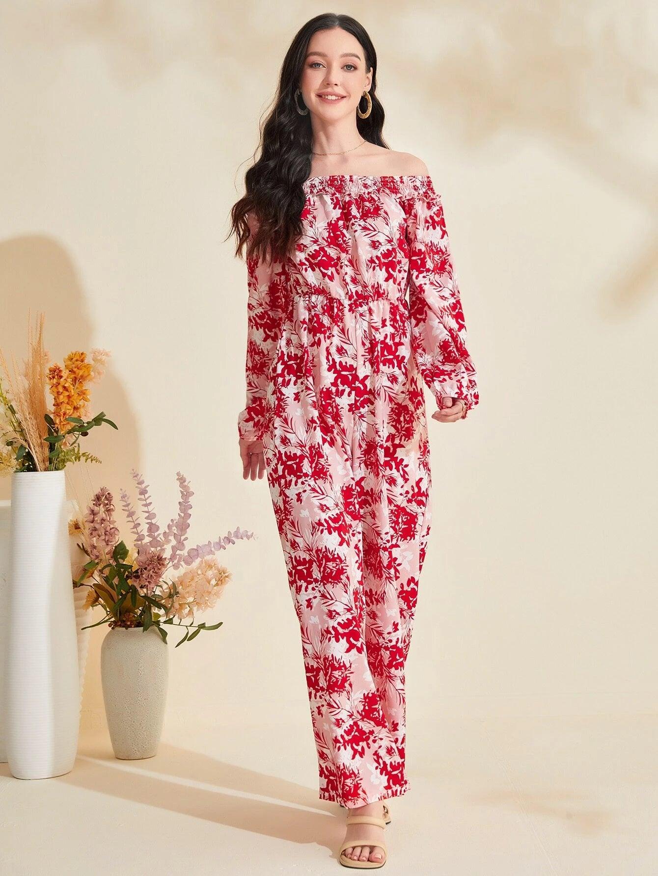 Floral Print Off Shoulder Lantern Sleeve Jumpsuit-Comfy Jumpsuits