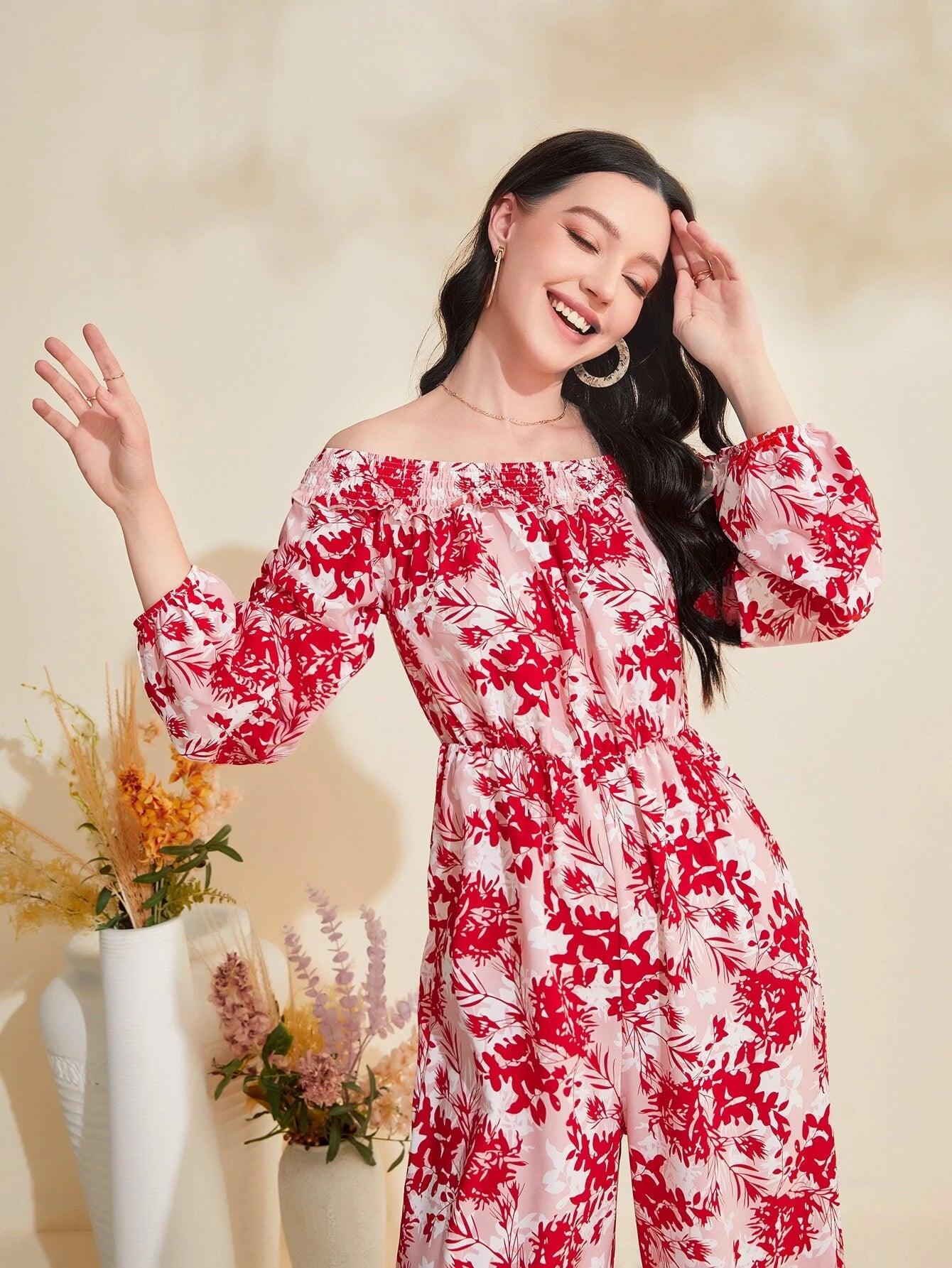 Floral Print Off Shoulder Lantern Sleeve Jumpsuit-Comfy Jumpsuits